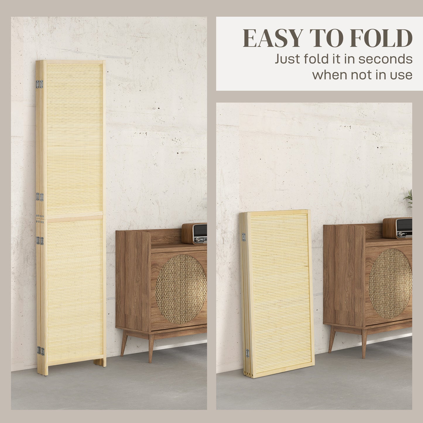 HOMCOM Room Divider Freestanding Privacy Screen 4 Panel Folding 180 x 180cm Natural Bamboo