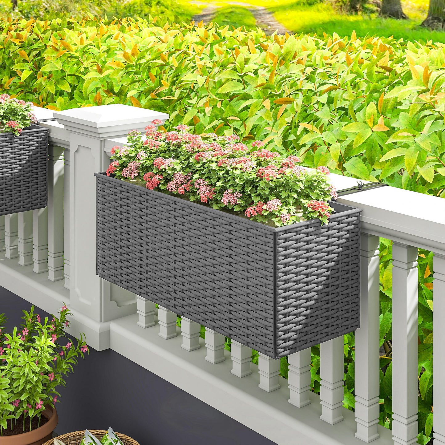 Outsunny Set Of Two Rattan Effect Planters With Hooks For Balconies Railings Grey