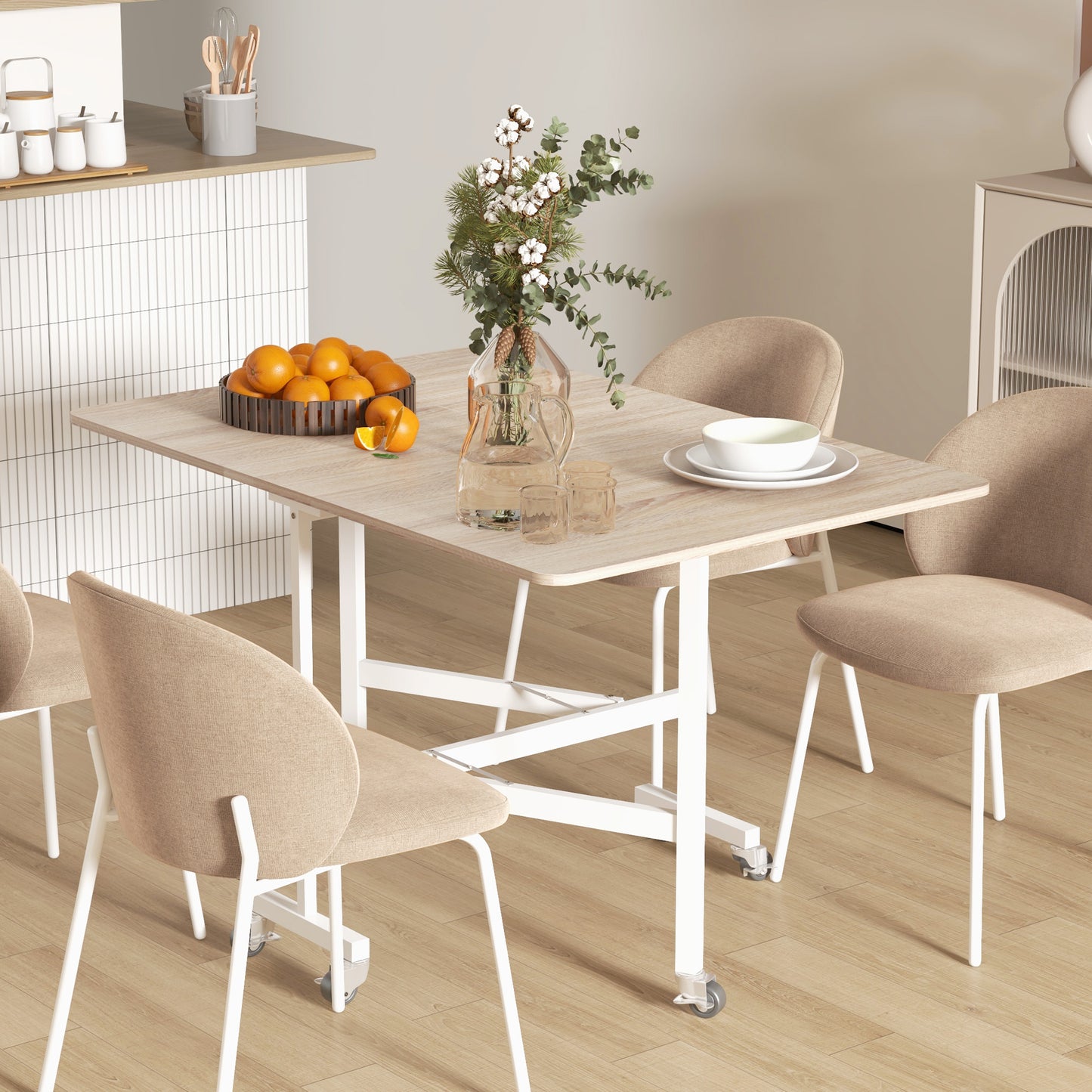 HOMCOM Oak Drop Leaf Dining Table Seats 4 to 6 People for Small Apartments Folds to 26cm High for Easy Storage