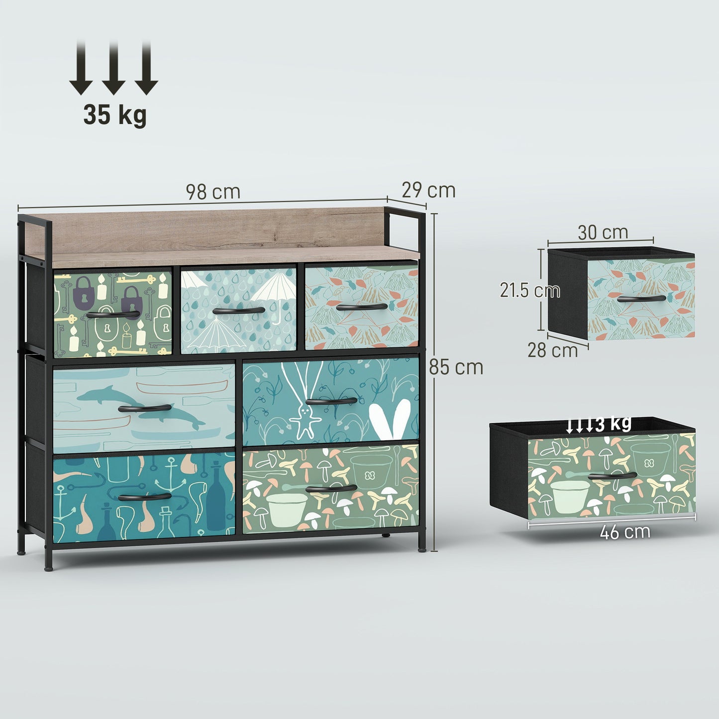 HOMCOM 7 Drawer Chest Of Drawers Blue With Removable Foldable Fabric Drawers And Patterned Panels