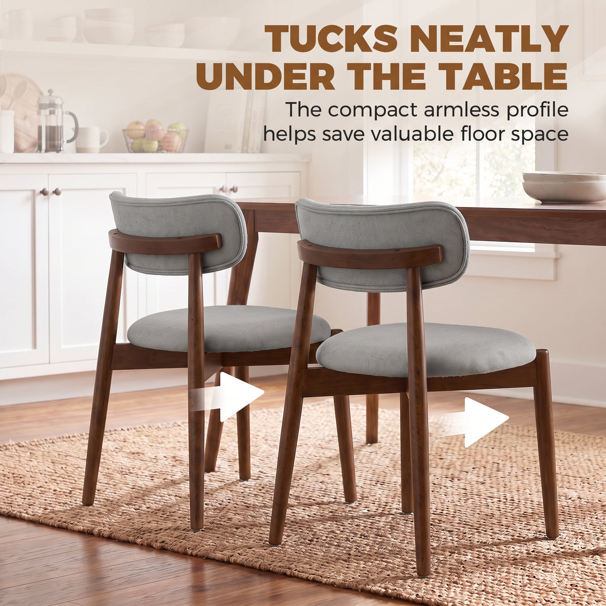Set of 2 grey dining chairs with curved backrests and rubberwood legs
