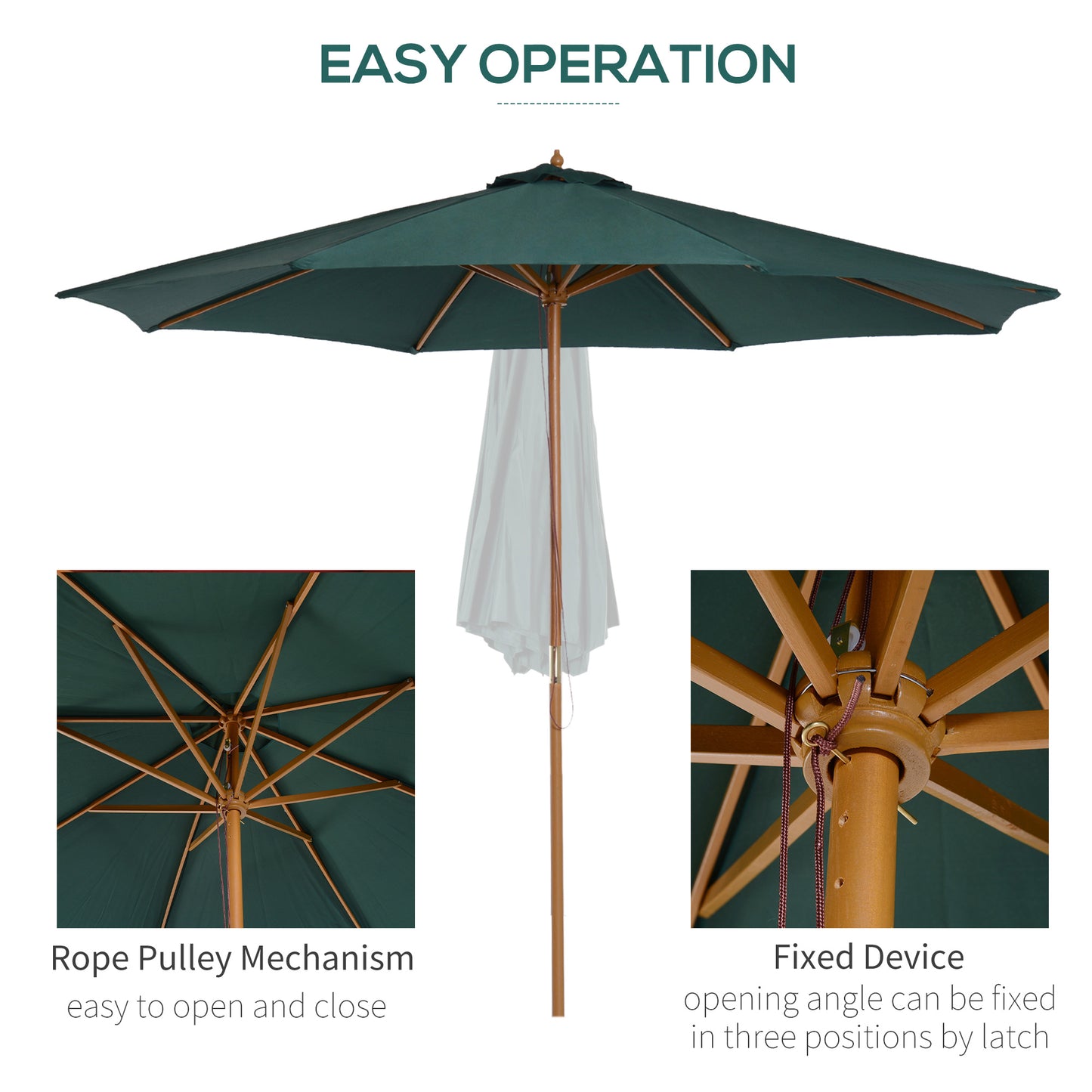 Outsunny 3m Wooden Garden Parasol with Pulley System and Adjustable Angle, Dark Green - ALL4U RETAILER LTD