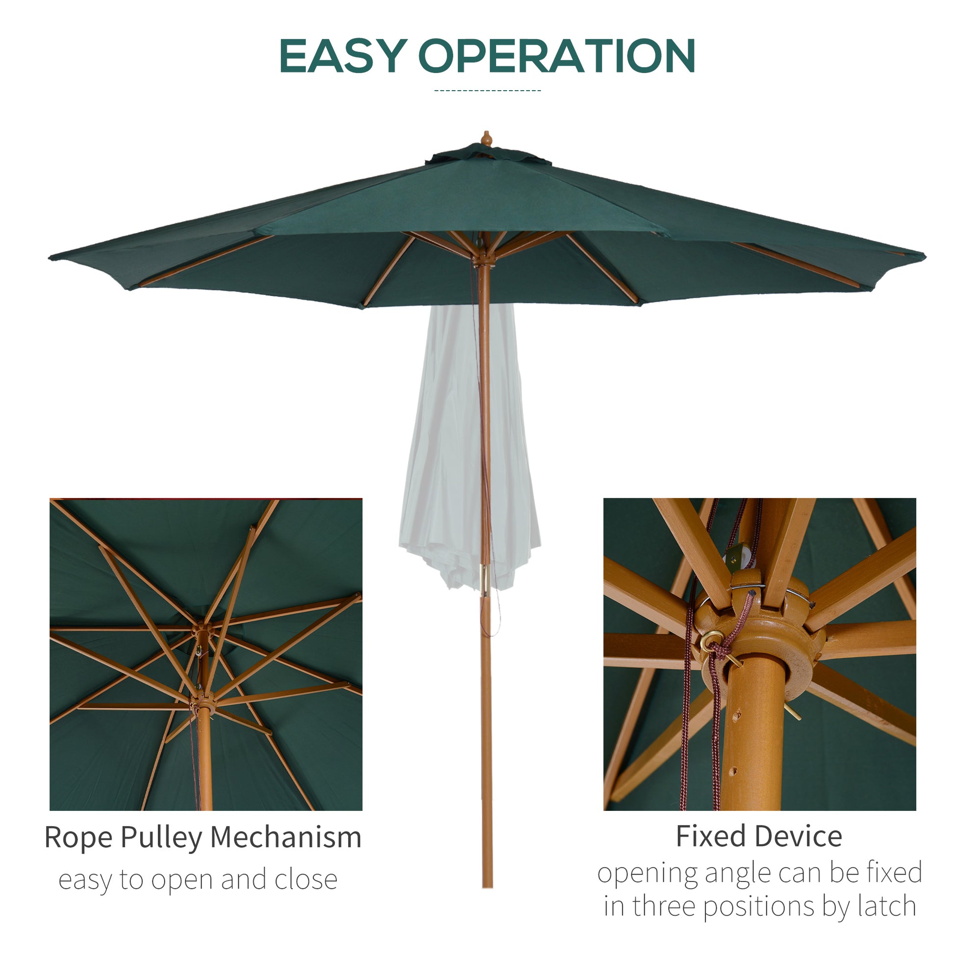 Outsunny 3m Wooden Garden Parasol with Pulley System and Adjustable Angle, Dark Green - ALL4U RETAILER LTD