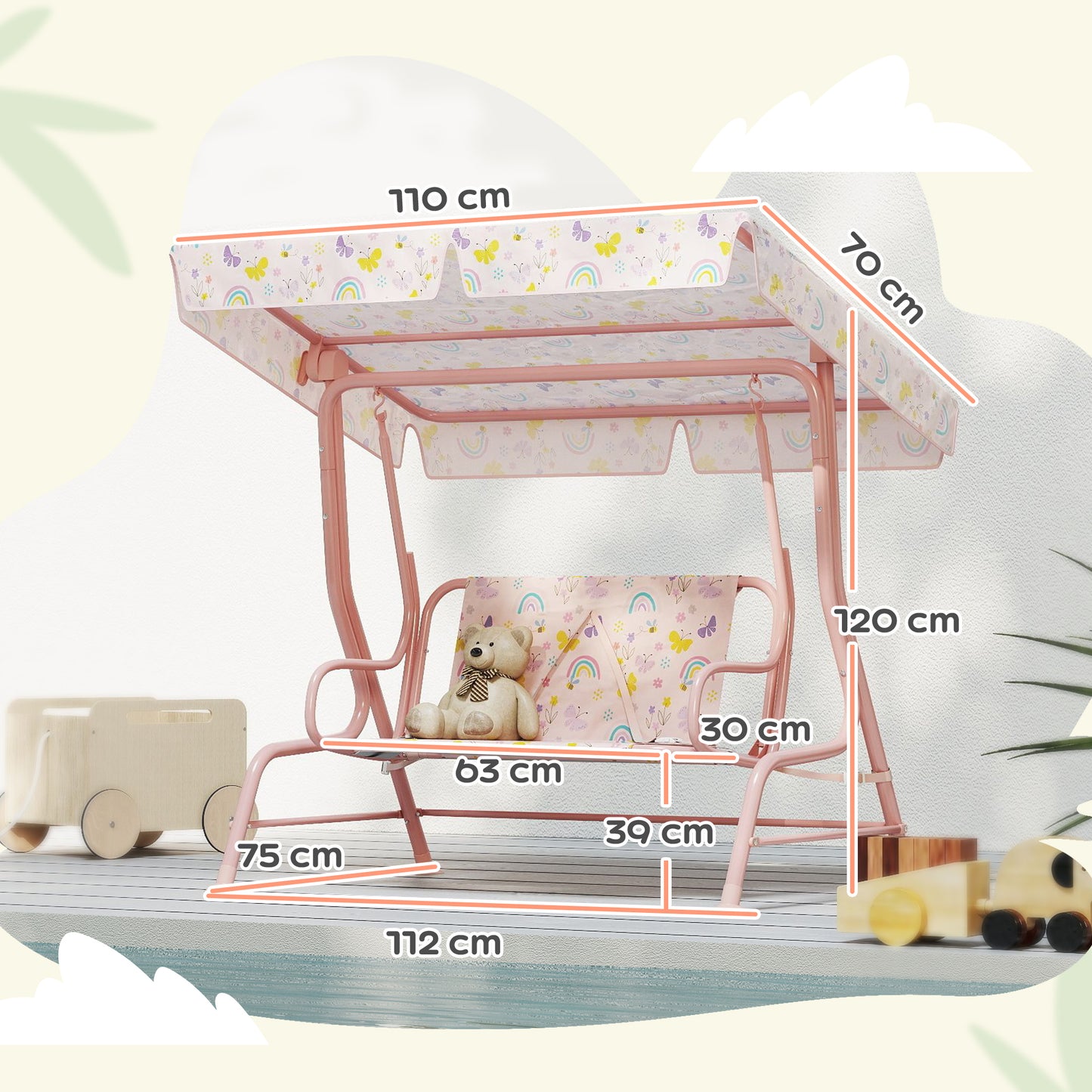 AIYAPLAY Kids Garden Swing Chair With Adjustable Canopy Safety Belt 2 Seater Hammock Swing Bench For Patio Porch Pink
