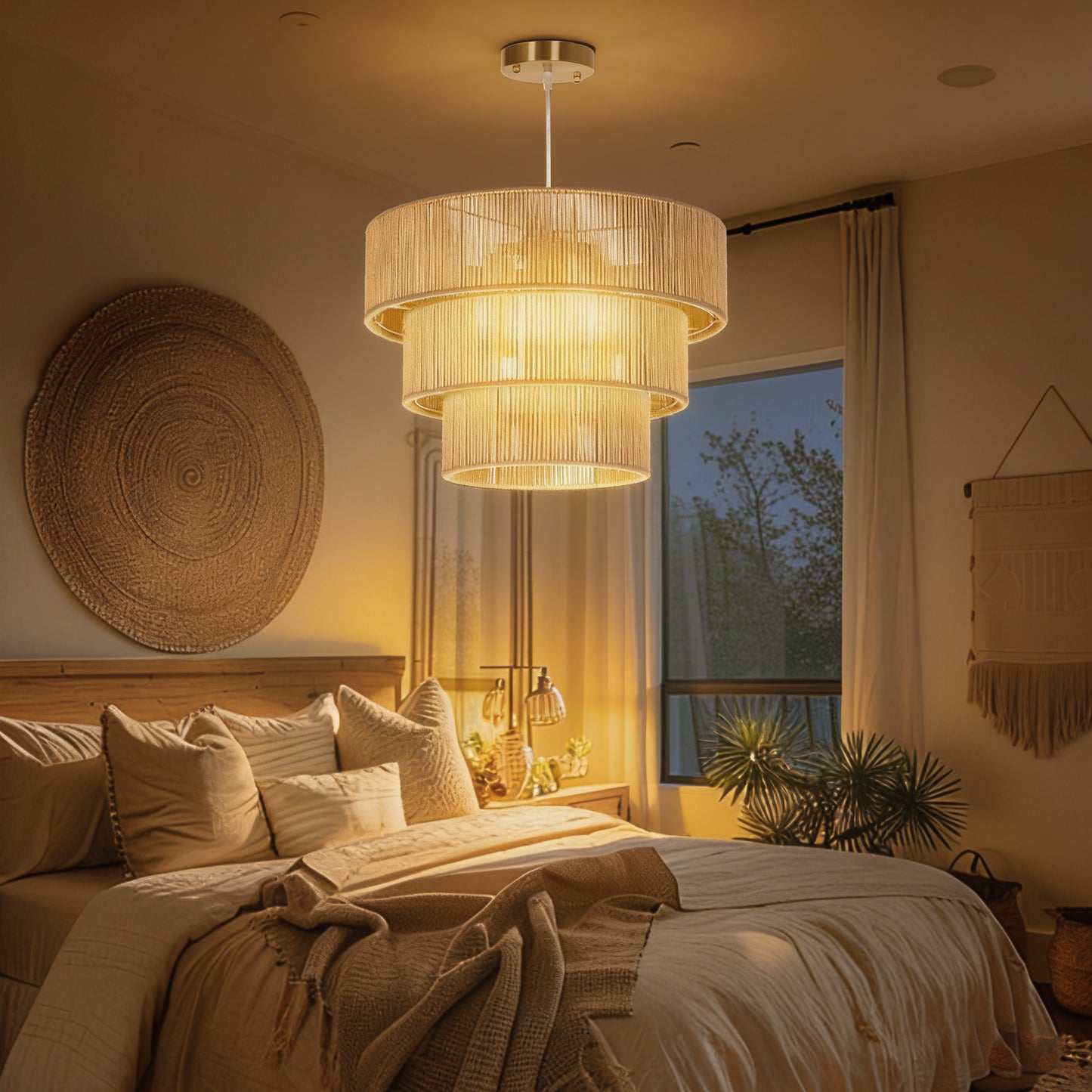 HOMCOM Hemp Rope Ceiling Light 3 Layer Boho Pendant With 4 E14 Fixtures For Living Room Bedroom Hallway Light Brown