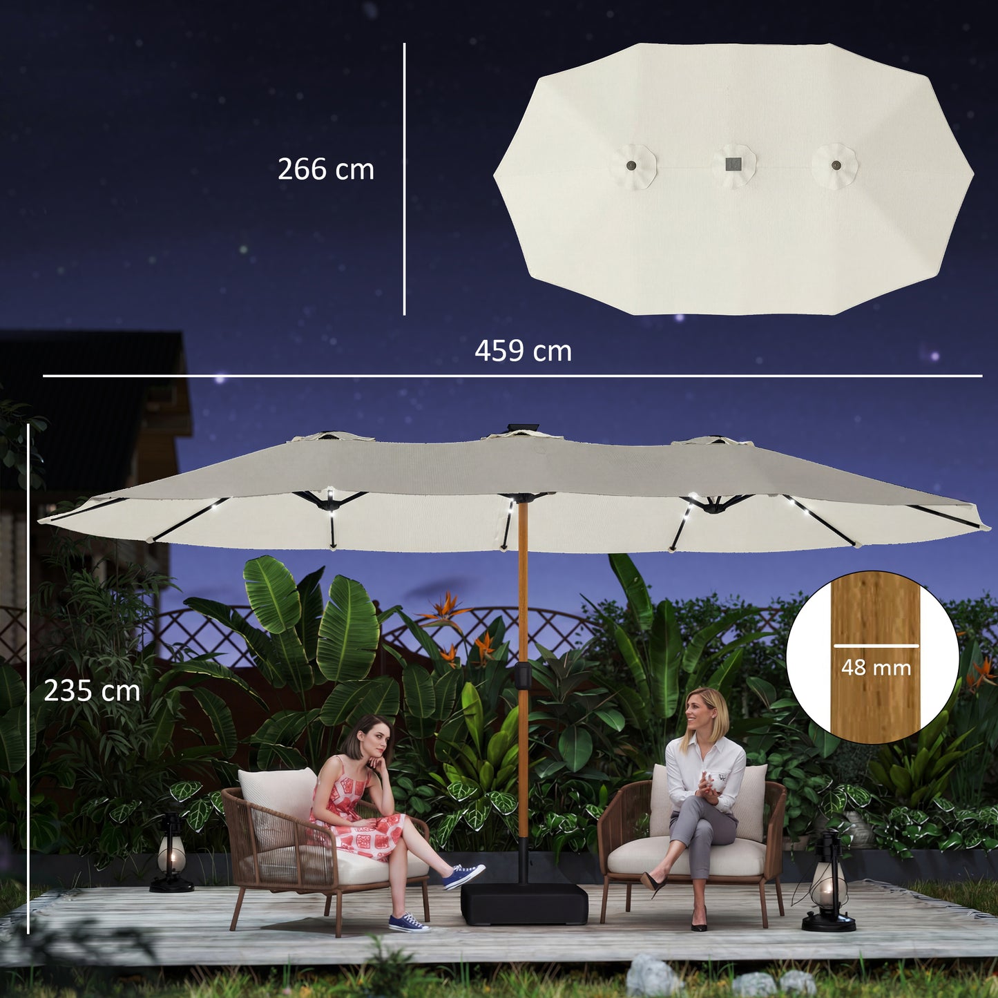Outsunny Double Sided Garden Parasol With Crank Handle Base Included And 48 Solar LED Lights 4.6m Cream Patio Umbrella