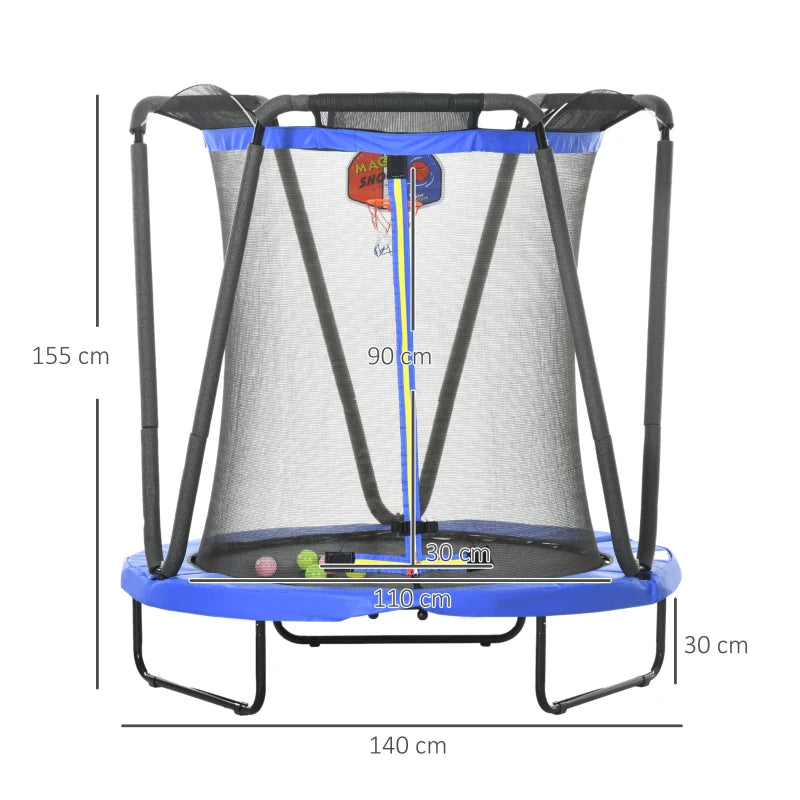 ZONEKIZ 4.6FT Kids Trampoline with Enclosure, Basketball Hoop, Sea Balls - Blue | Suitable for Ages 3-10 Years - ALL4U RETAILER LTD