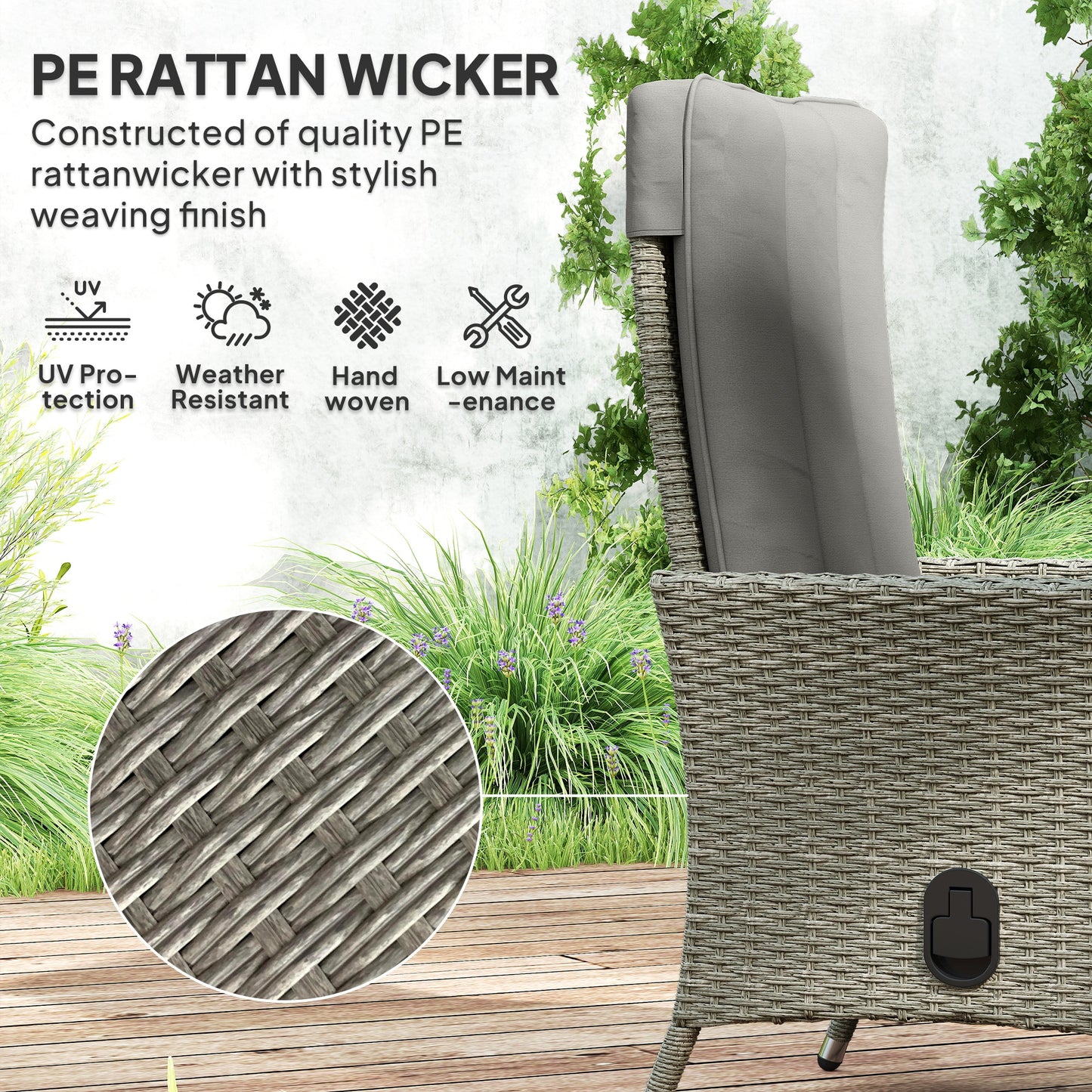 Outsunny Reclining Rattan Chair 105 To 150 Degrees Backrest Grey Cushioned Outdoor Lounger
