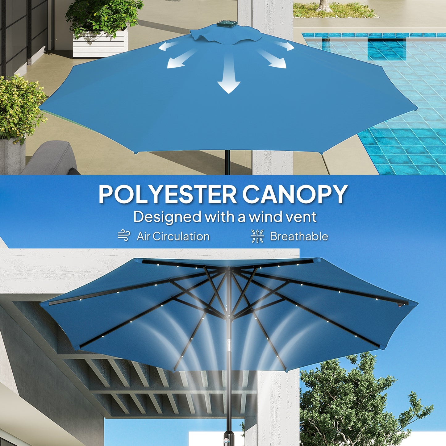 Outsunny 2.7m LED Light Parasol Umbrella Blue With 24 Solar Powered LEDs For Nighttime Ambience