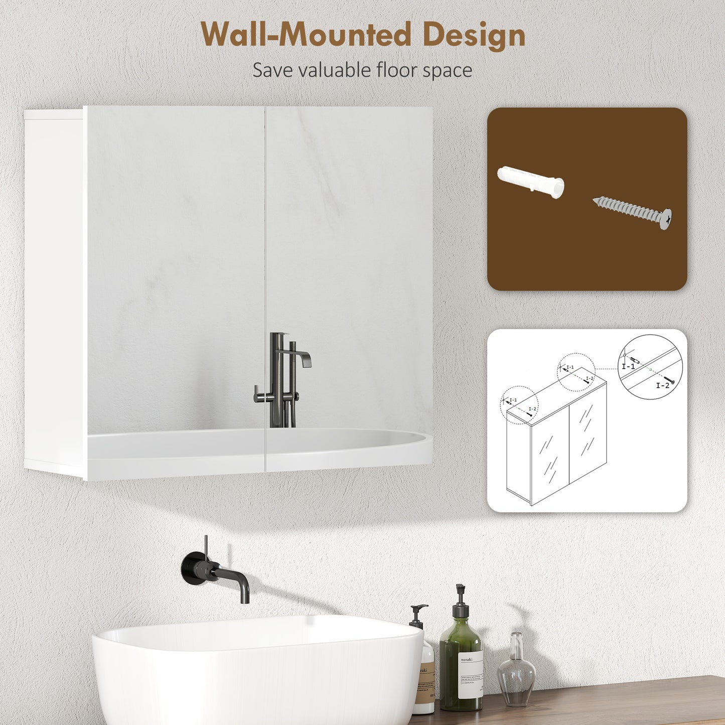 HOMCOM Double Door Bathroom Mirror Cabinet White With Adjustable Shelf For Extra Storage