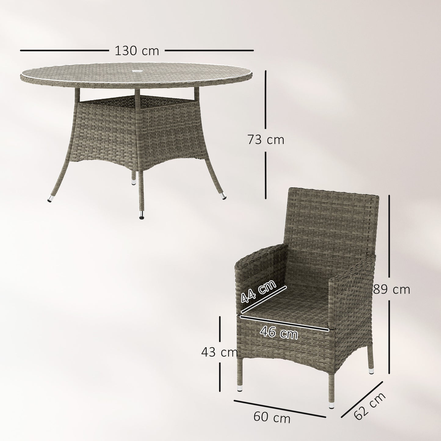 Outsunny Seven Piece Rattan Outdoor Dining Set with Round Glass Top Table and Cushioned Chairs Light Grey