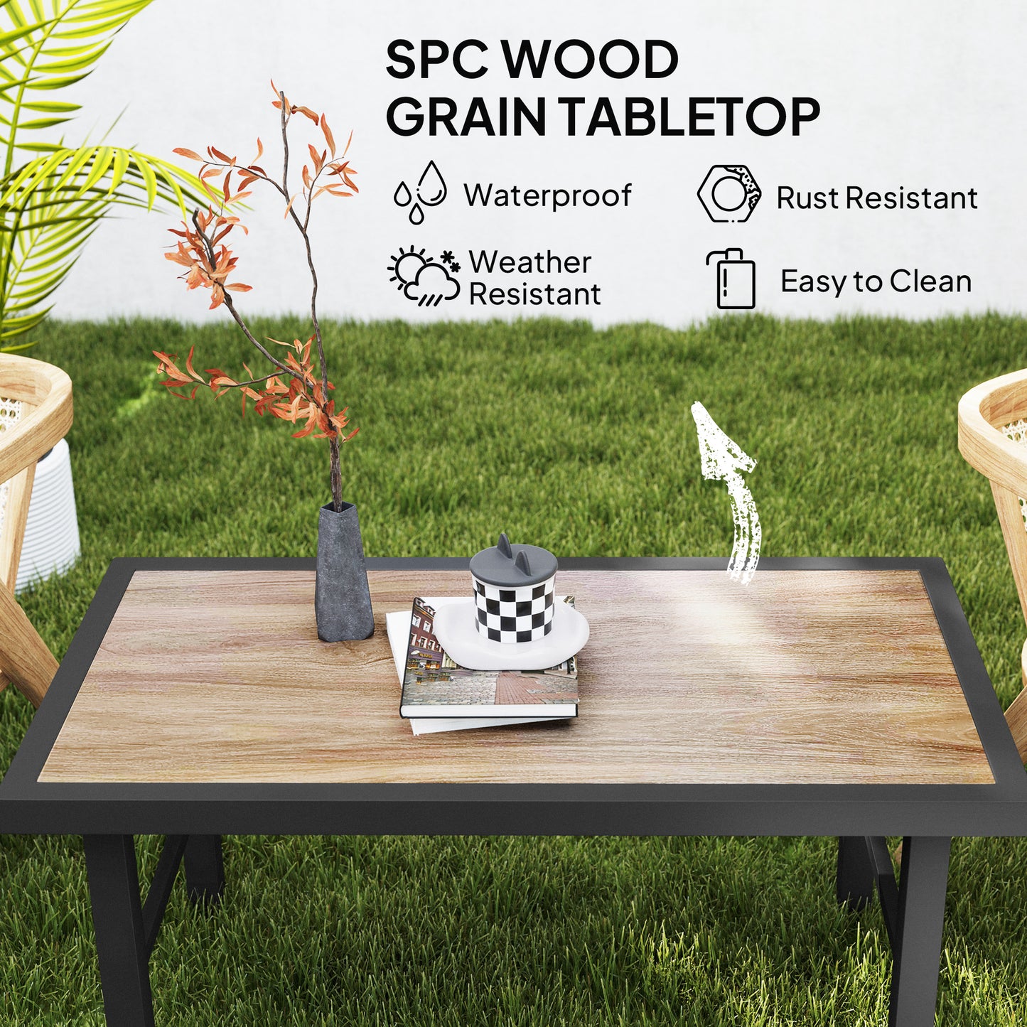 Outsunny Metal Garden Coffee Table With SPC Woodgrain Tabletop Outdoor Side Table 100 x 53 x 46 cm Brown