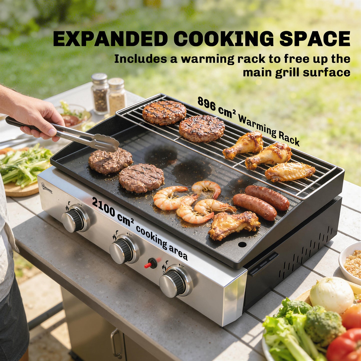 Outsunny 3 Burner Gas Grill Griddle Portable Plancha With Warming Rack And Grease Cup 7.5 Kilowatt Tabletop Black