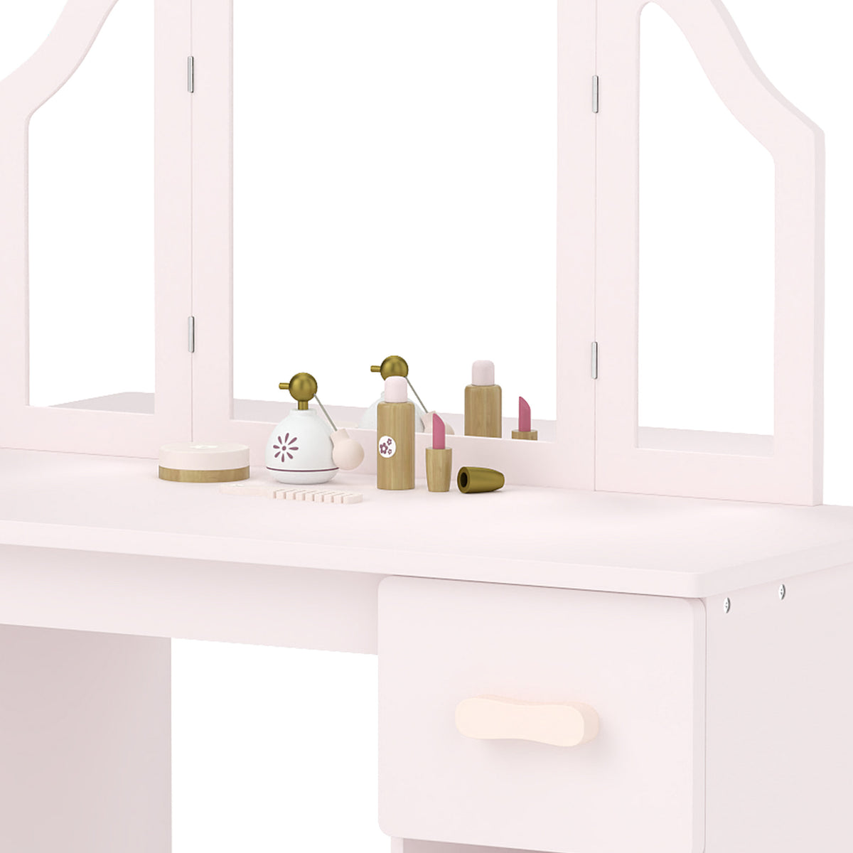 Kids white vanity tabletop with tri-fold mirror, cabinet doors, and accessories
