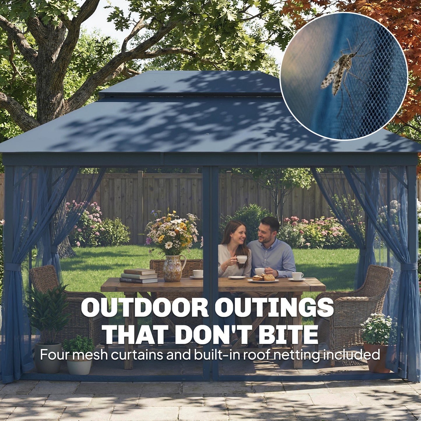 Outsunny 3 x 4 m Outdoor Garden Gazebo With Netting And Curtains UPF50 Plus Patio Permanent Pavilion Canopy Dark Blue