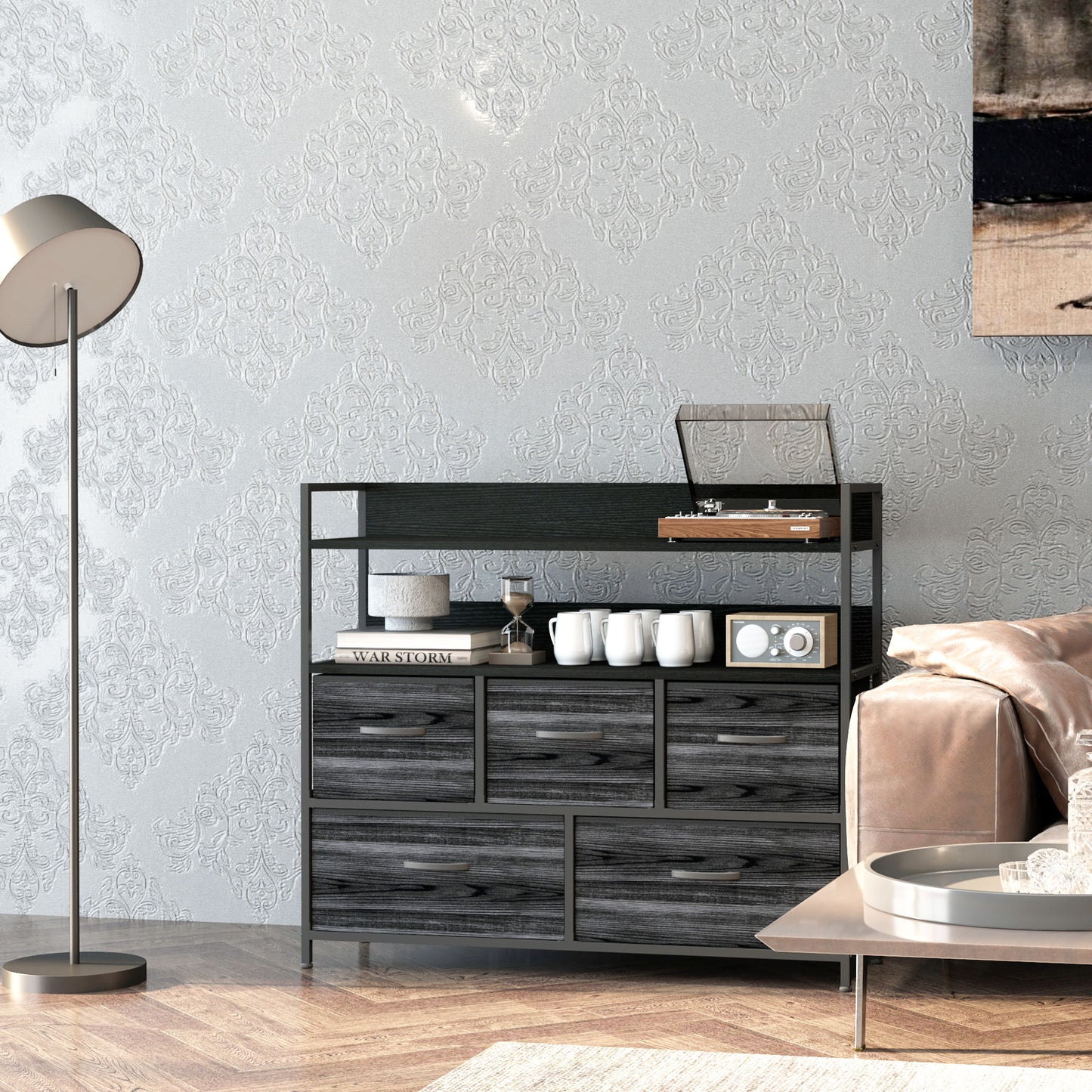 HOMCOM Rustic Chest Of Five Fabric Drawers Black Industrial Storage Solution For Bedroom