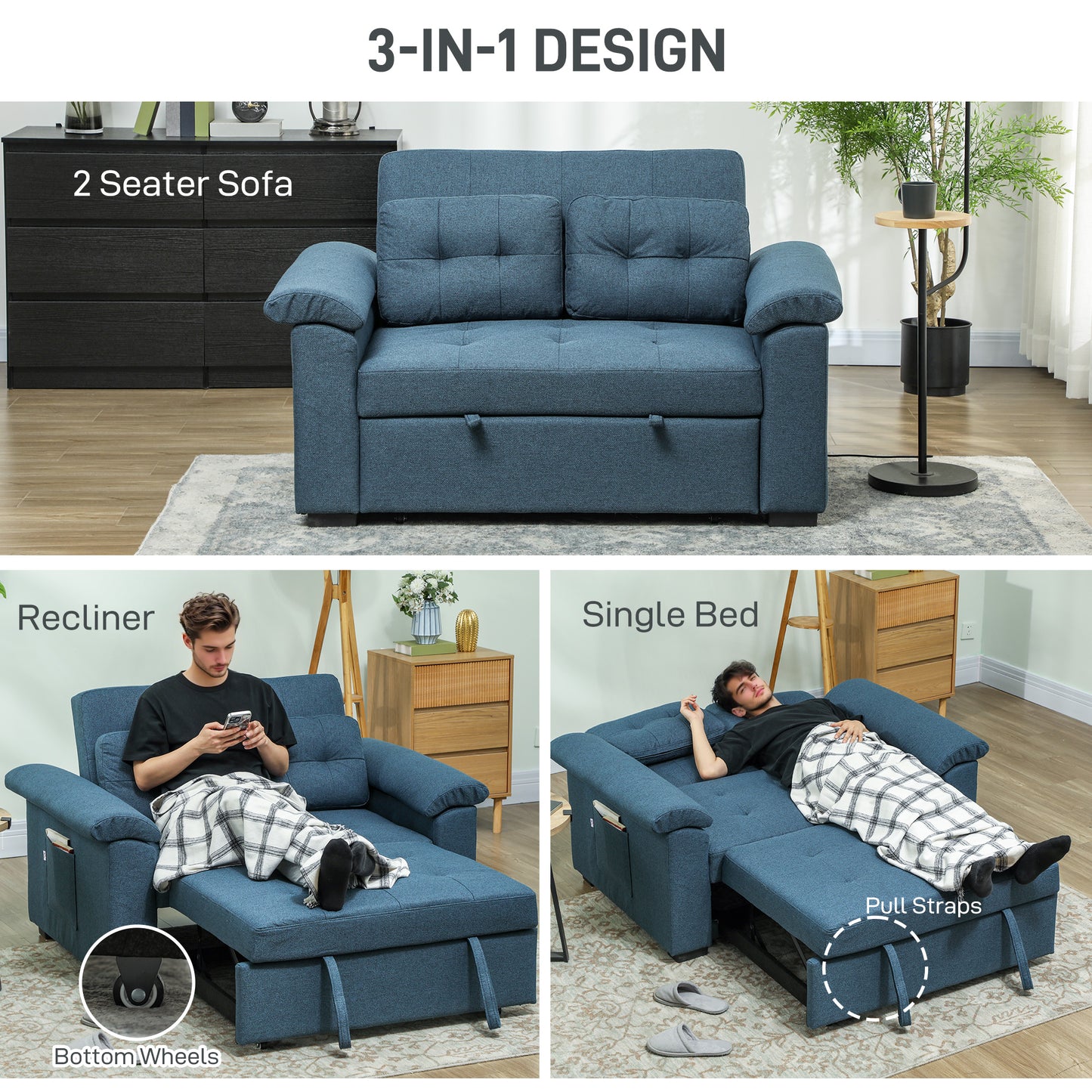 HOMCOM 2 Seater Pull Out Sofa Bed Click Clack With Pocket Springs Convertible Sofa Couch Blue Pillows And Side Pockets