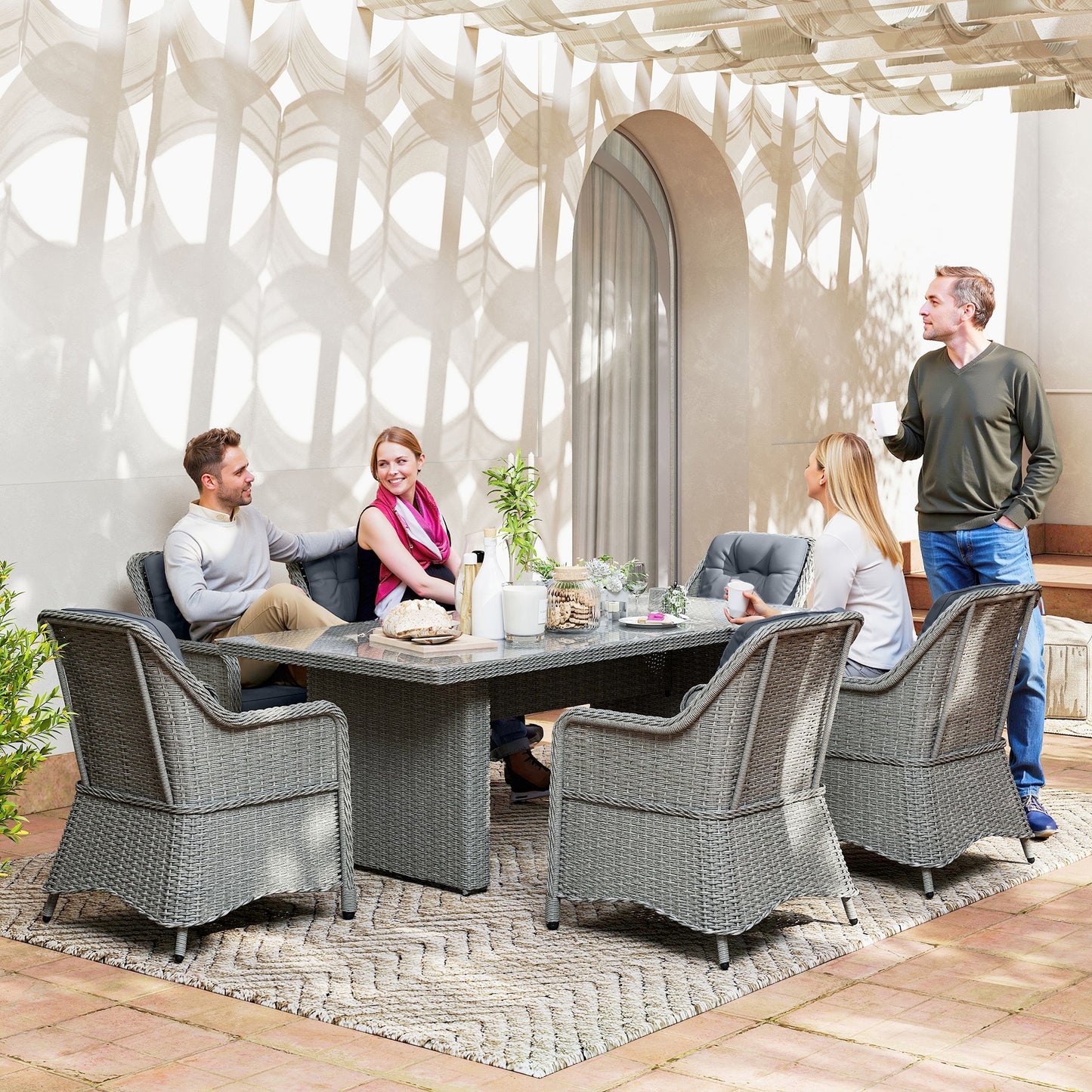 Outsunny Seven Piece Rattan Dining Set In Mixed Grey For Outdoor Garden Patio With Elevated Table And Chairs