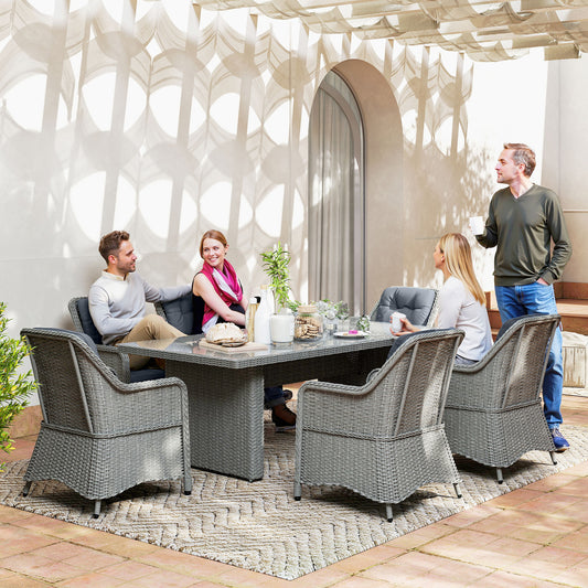 Outsunny Seven Piece Rattan Dining Set In Mixed Grey For Outdoor Garden Patio With Elevated Table And Chairs