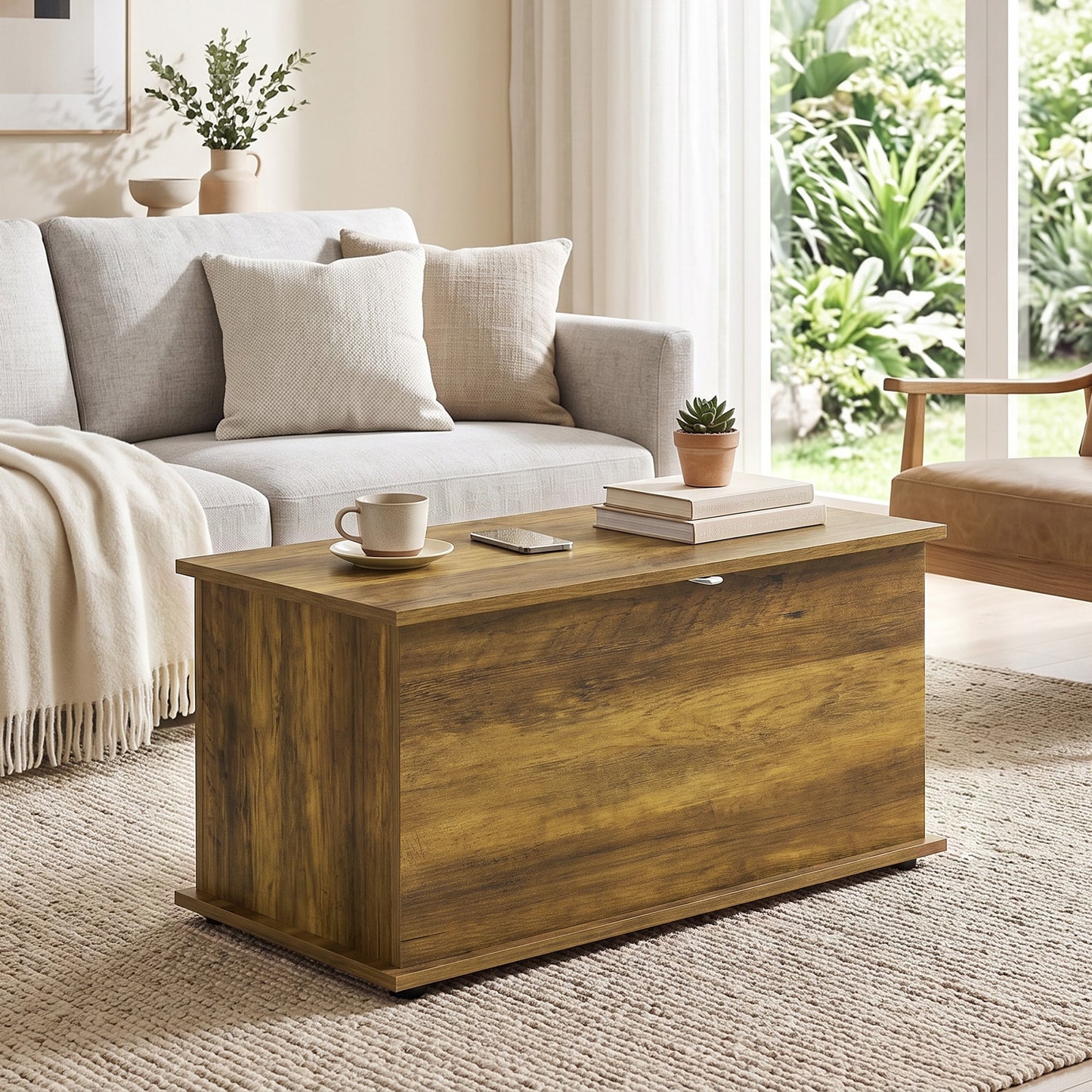 HOMCOM Storage Chest 102L Blanket Box Shoe Bench With Safety Hinged Lid Bed End Bench 80x40x45cm Brown