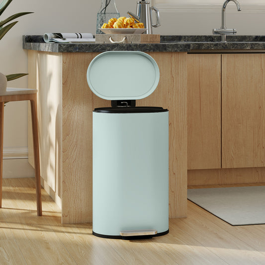 HOMCOM 30L Modern Curved Kitchen Pedal Bin With Soft Close Lid And Fingerprint Resistant Metal Green