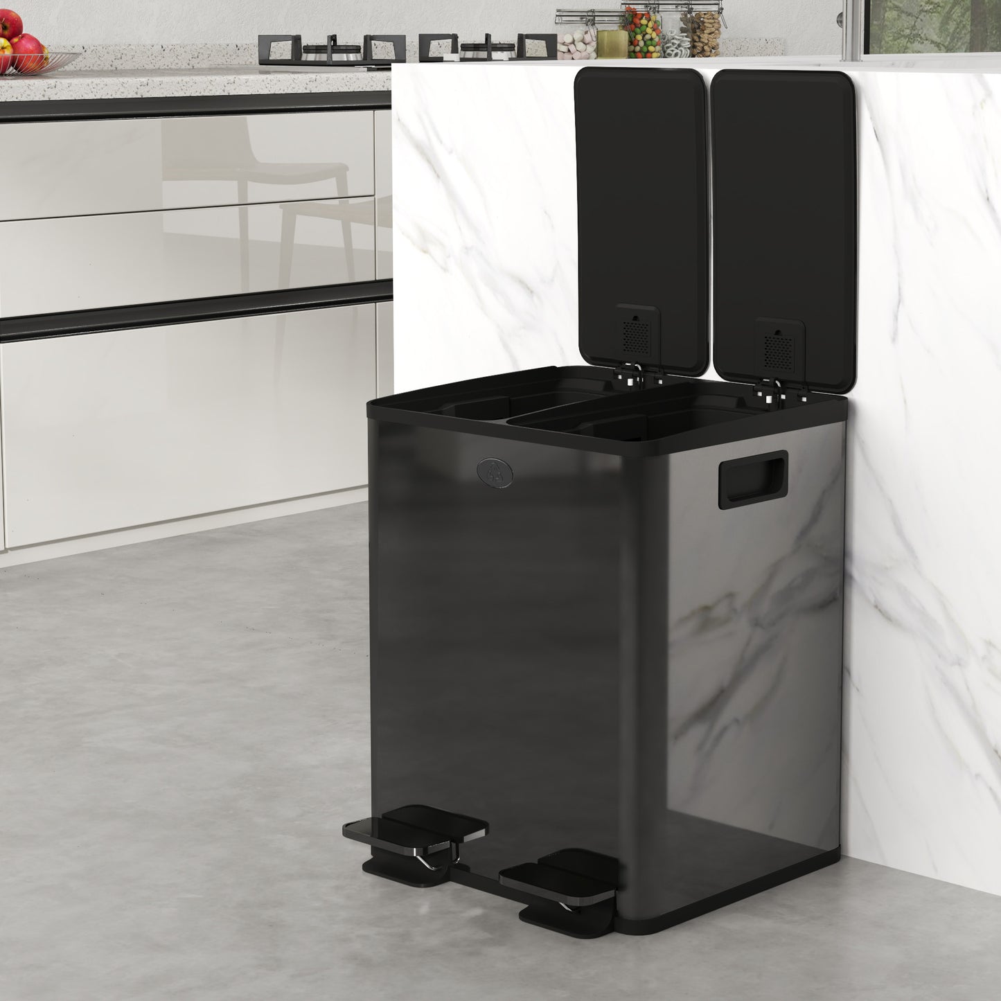 HOMCOM 40L Dual Compartment Stainless Steel Bin With Deodoriser Holders In Black