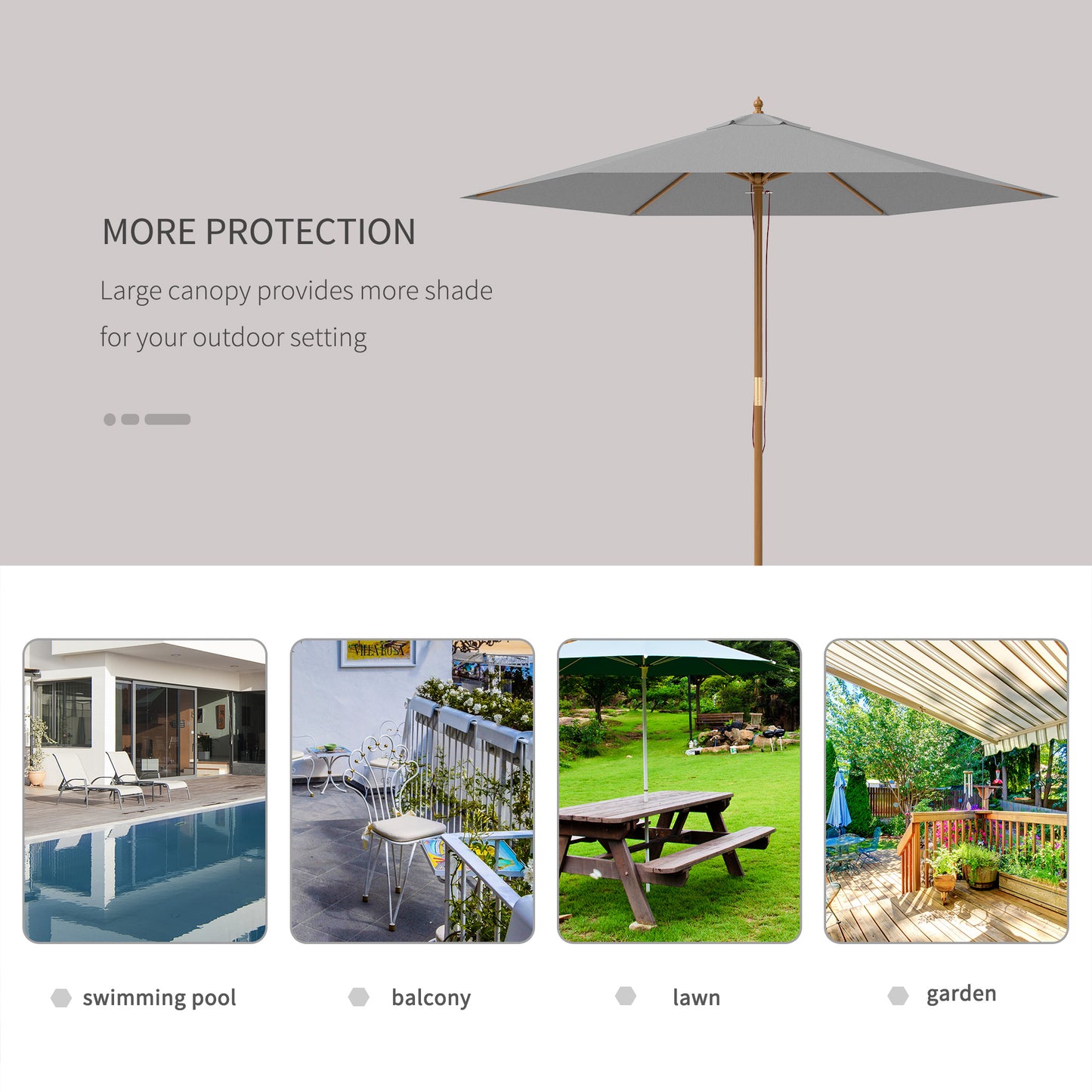 Outsunny 2.5m Wood Garden Parasol Patio Outdoor Umbrella With Vent 38mm Pole Light Grey Rope Pulley Mechanism