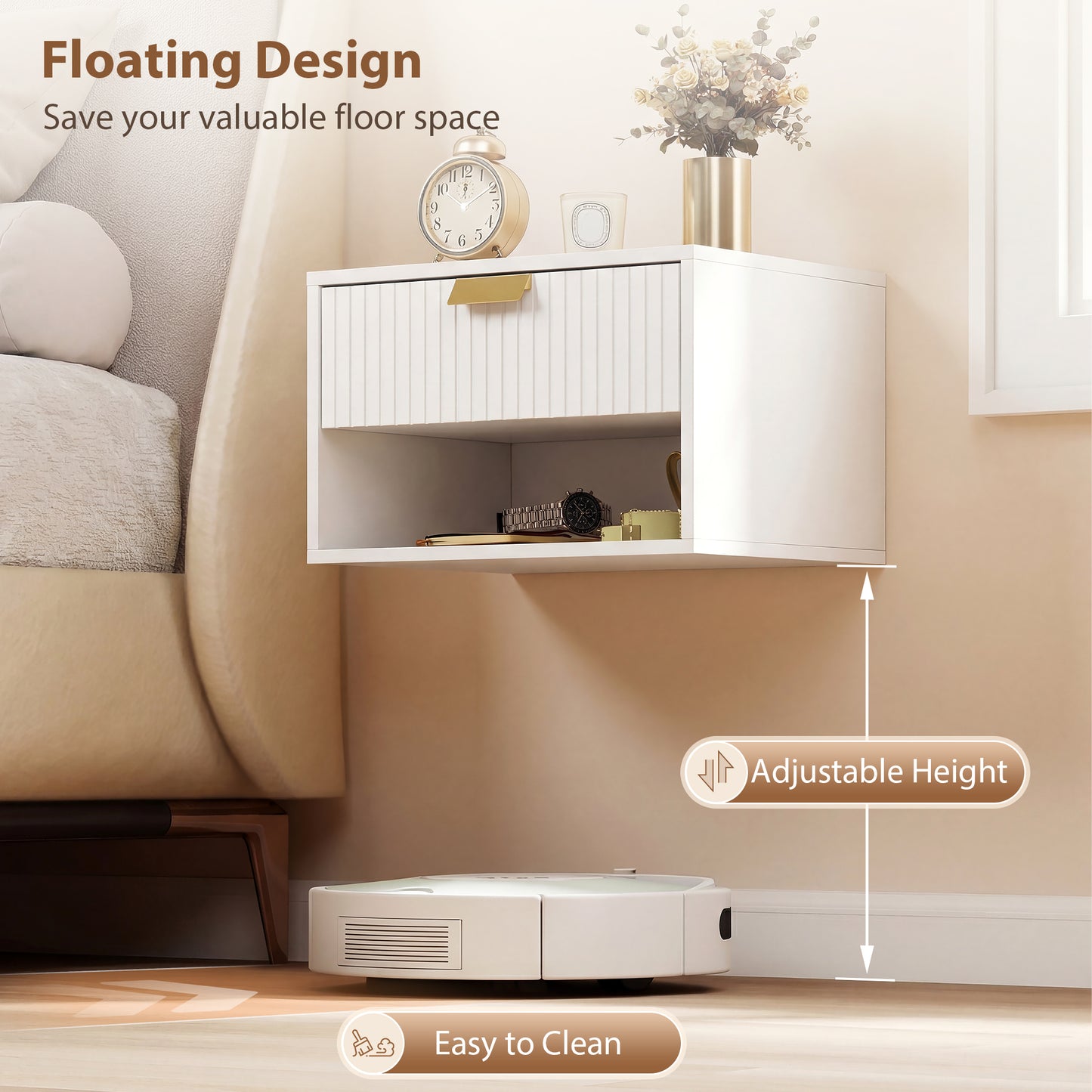 HOMCOM Set Of 2 Wall Mounted Nightstands Floating Bedside Tables With Fluted Drawer Open Shelf White