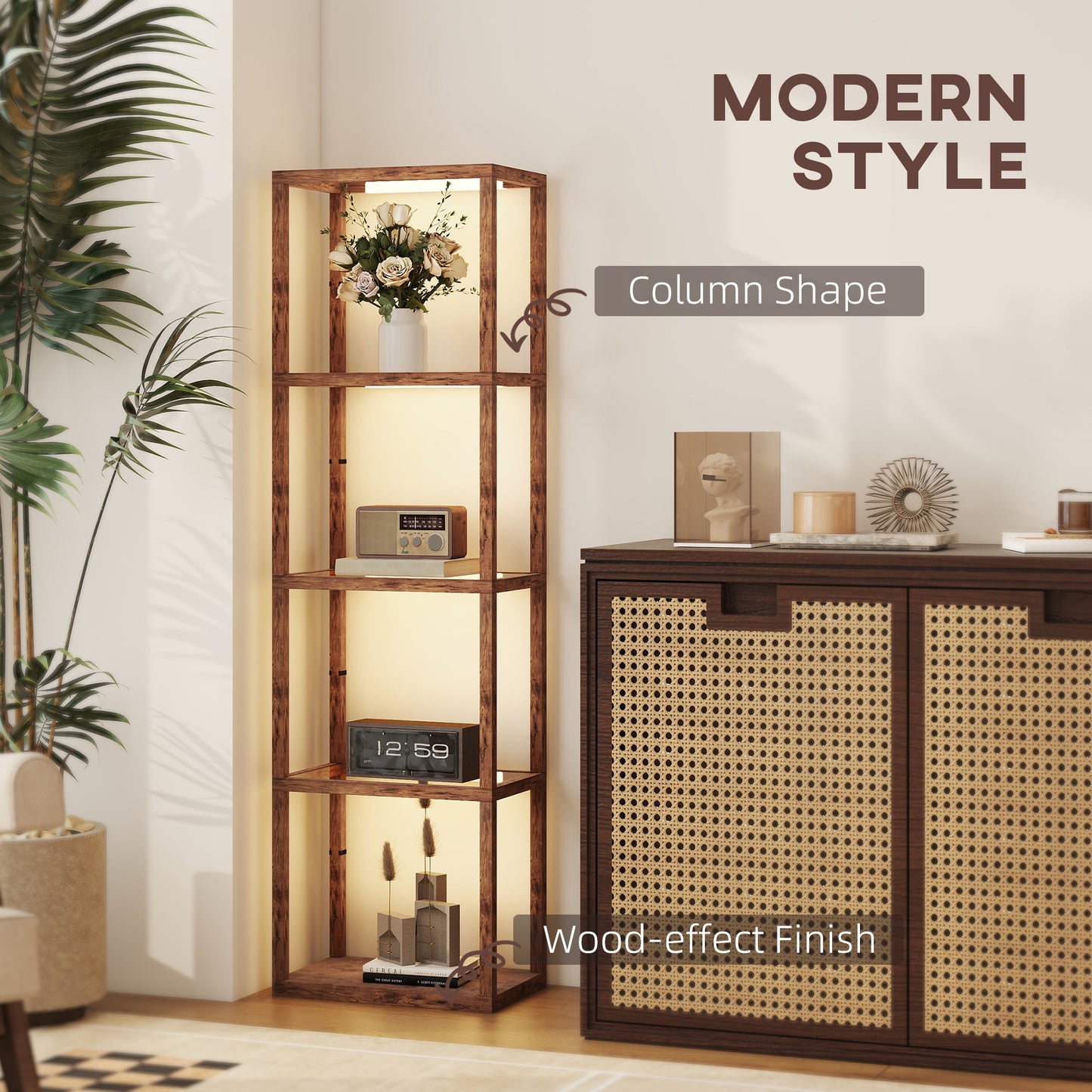 Homcom Four-Shelf Floor Lamp With Rustic Brown Finish Tempered Glass Shelves Warm White LEDs Three Brightness Levels
