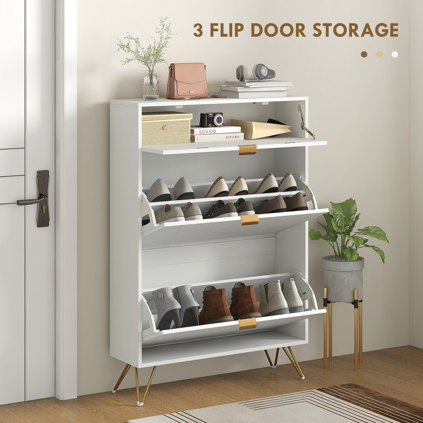 HOMCOM Slim White Shoe Storage Cabinet with Two Flip Drawers - ALL4U RETAILER LTD