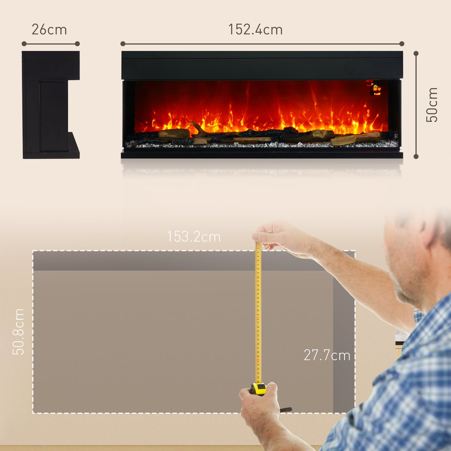 HOMCOM 60-Inch Wall-Mounted Electric Fireplace with Adjustable LED Flames, Remote Control & Multi-Functional Design - Black