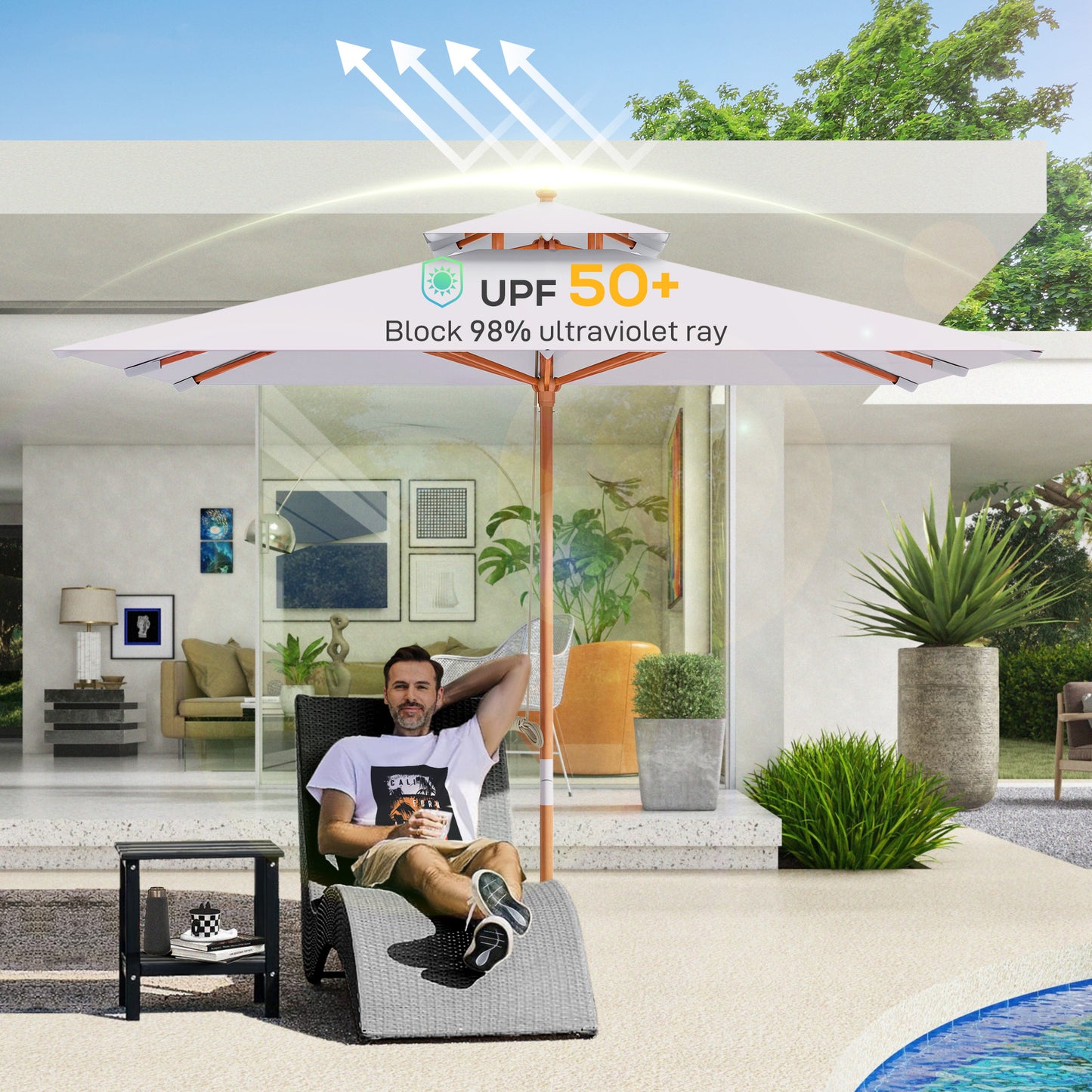 Outsunny 3 x 3m Garden Parasol with Double Tier Canopy UV Resistant Patio Umbrella for Sun Shade Outdoor Dining Grey