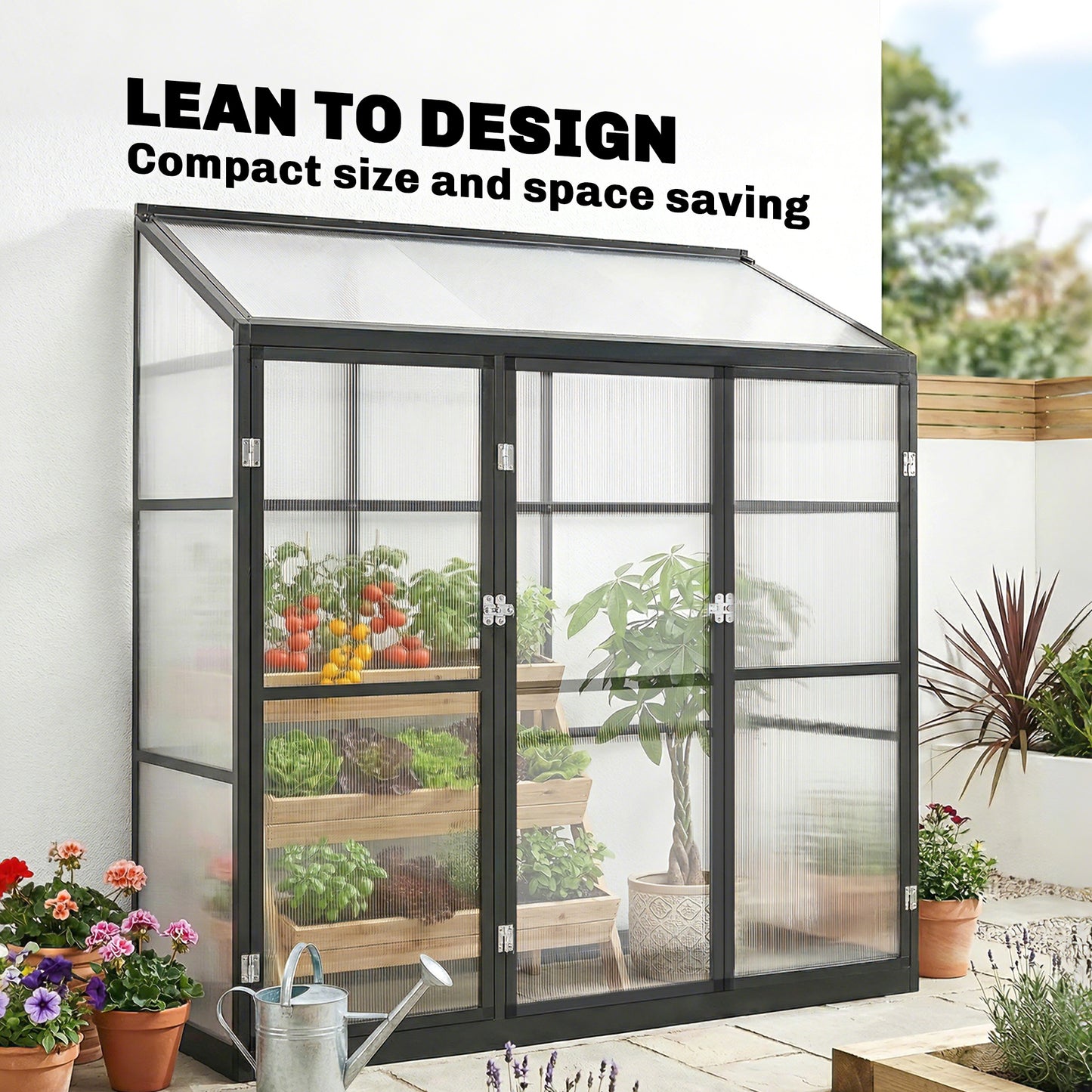 Outsunny Polycarbonate Greenhouse With Three Hinged Doors Top Vent Lean To Walk In 6 X 1.5ft Black