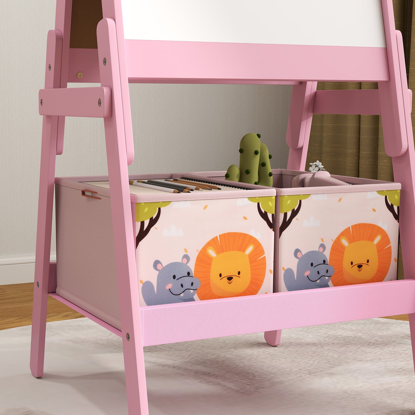 AIYAPLAY 2 In 1 Kids Easel With Whiteboard And Chalkboard Storage Boxes For Ages 3 To 8 Pink