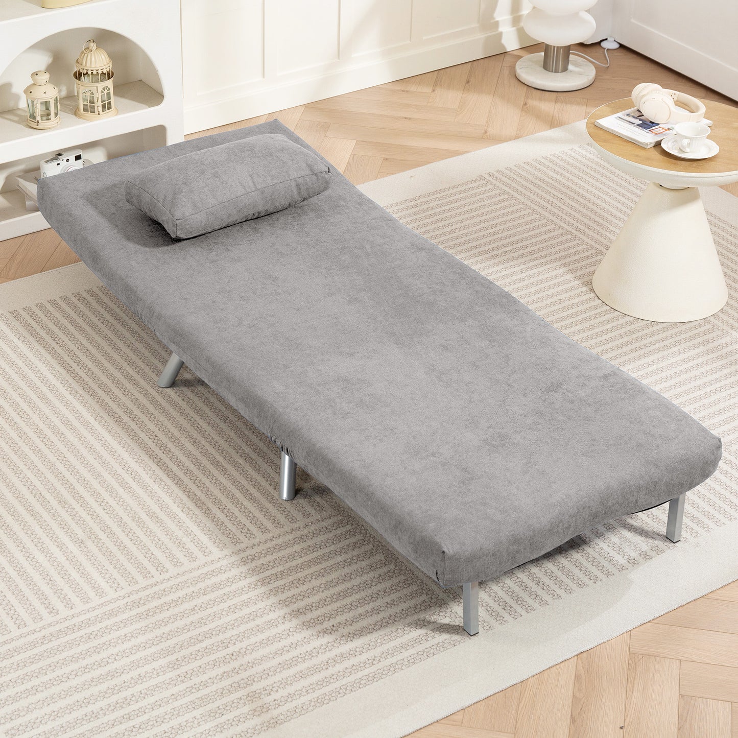 HOMCOM Snow Flannel Chair Bed With Click Clack Mechanism Grey Converts From Chair To Chaise Or Bed