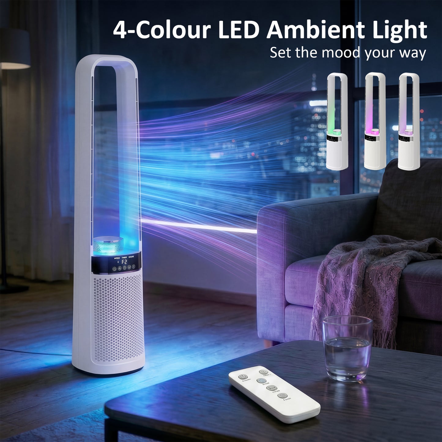 HOMCOM Bladeless Tower Fan 36dB Quiet Oscillating Cooling Fan With LED Lights 3 Speeds 12H Timer Remote Control