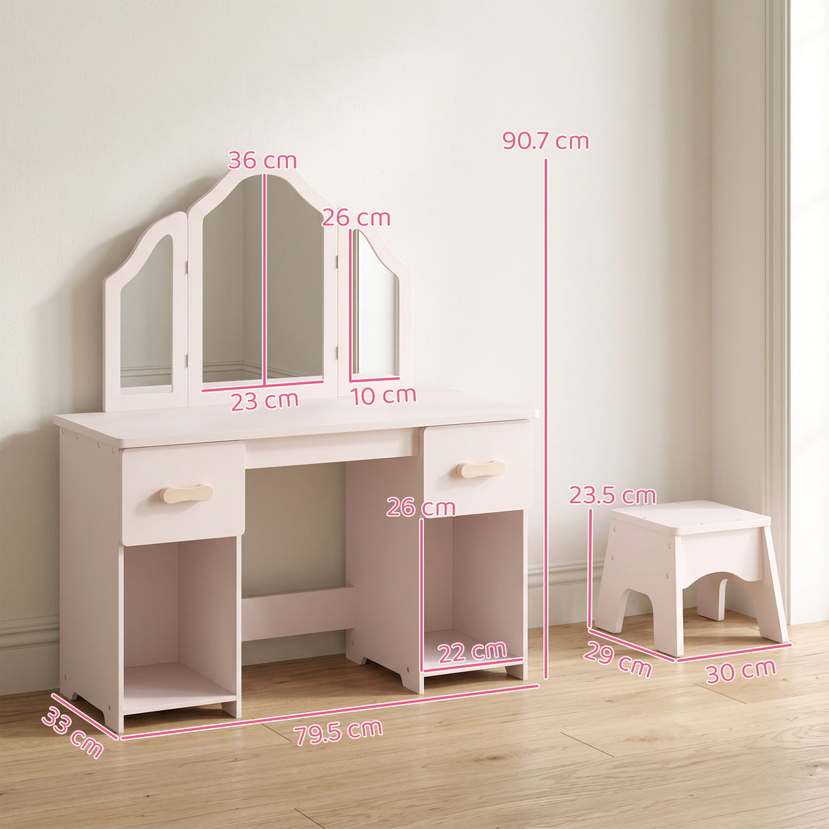 Kids white vanity table with tri-fold mirror and drawers, shown with chair