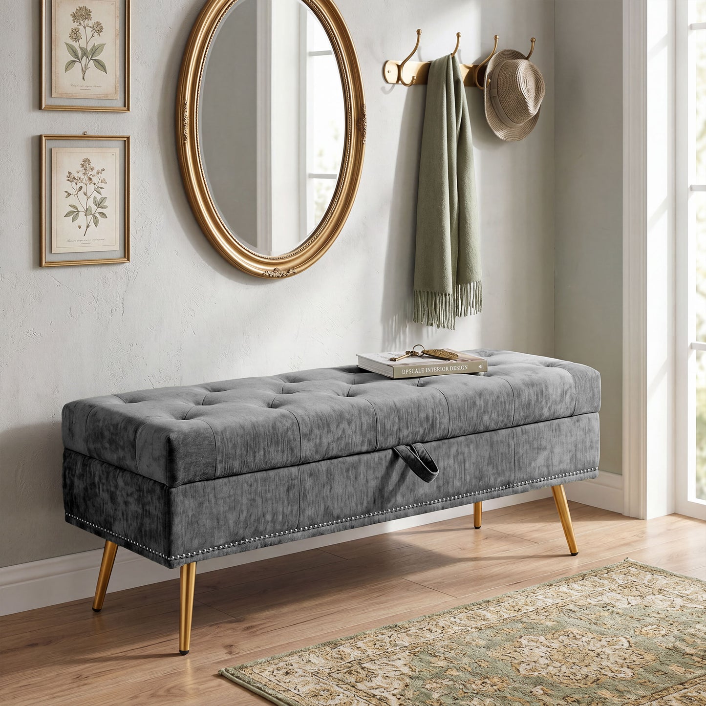 HOMCOM Chenille Upholstered Storage Ottoman With Hidden Storage Padded Seat Metal Legs Grey