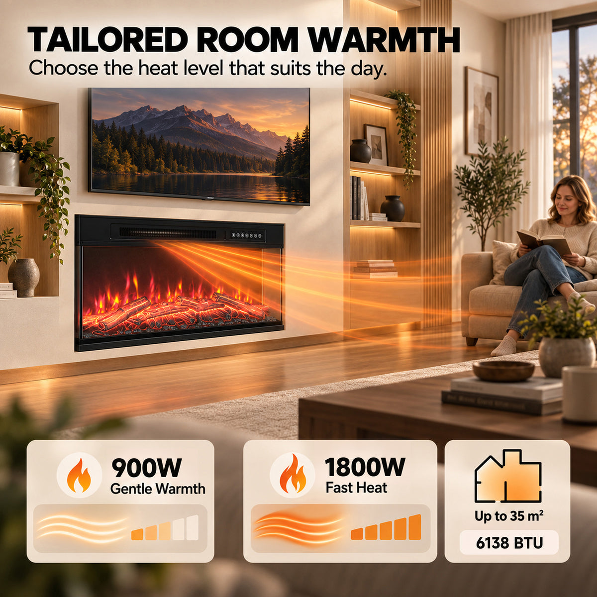 Electric fireplace wall heater warming flame effect with 900W and 1800W heat modes