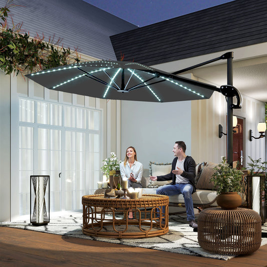 Outsunny 3m Cantilever Garden Parasol With Solar Powered Lights Cross Base UPF 50 360 Degree Rotation Dark Grey
