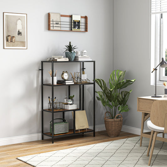 HOMCOM 4 Tier Bookshelf With Open Shelves Rustic Brown Wood Finish Black Frame Industrial Style Storage