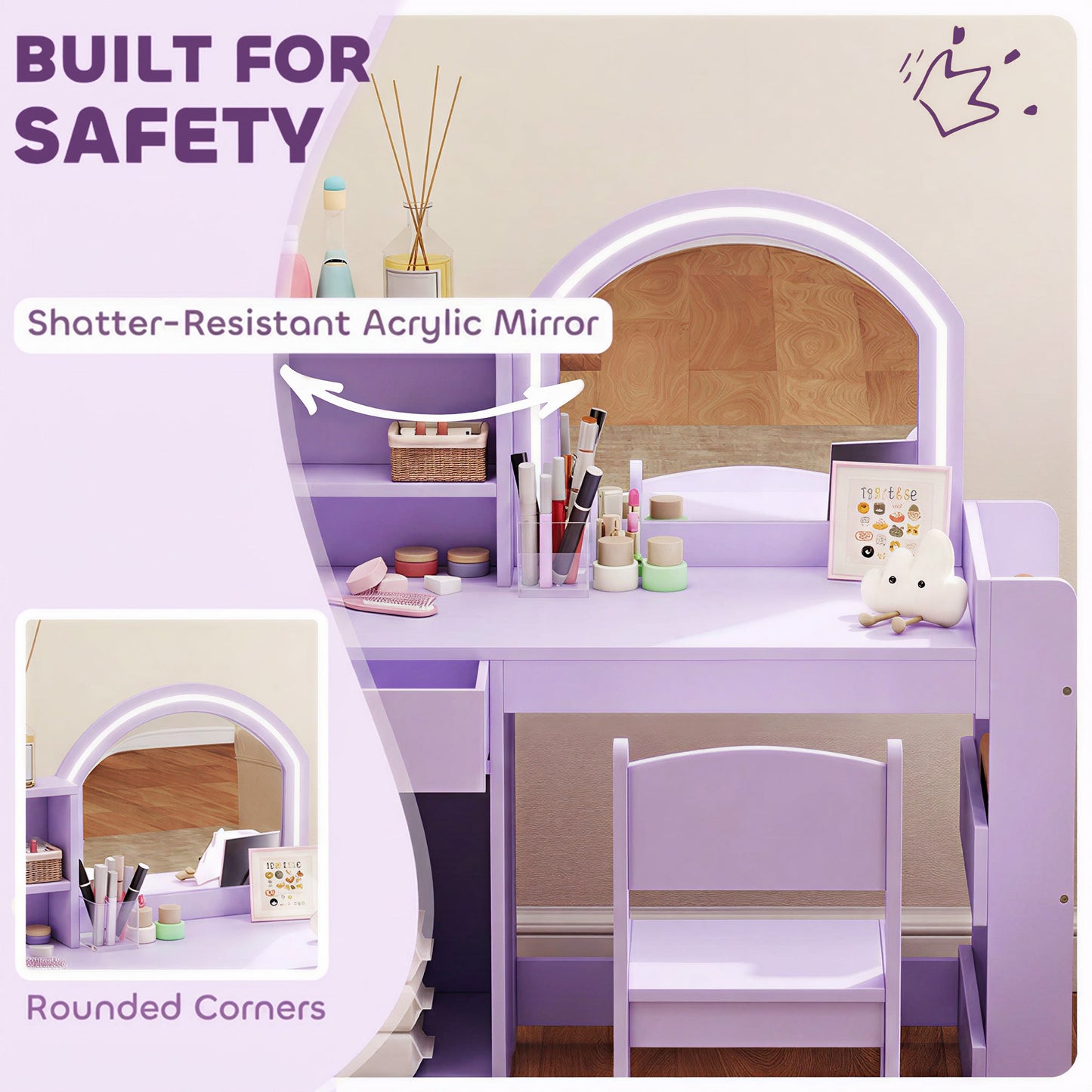 Kids Vanity Table Chair Set Led Mirror Storage Cabinet Purple