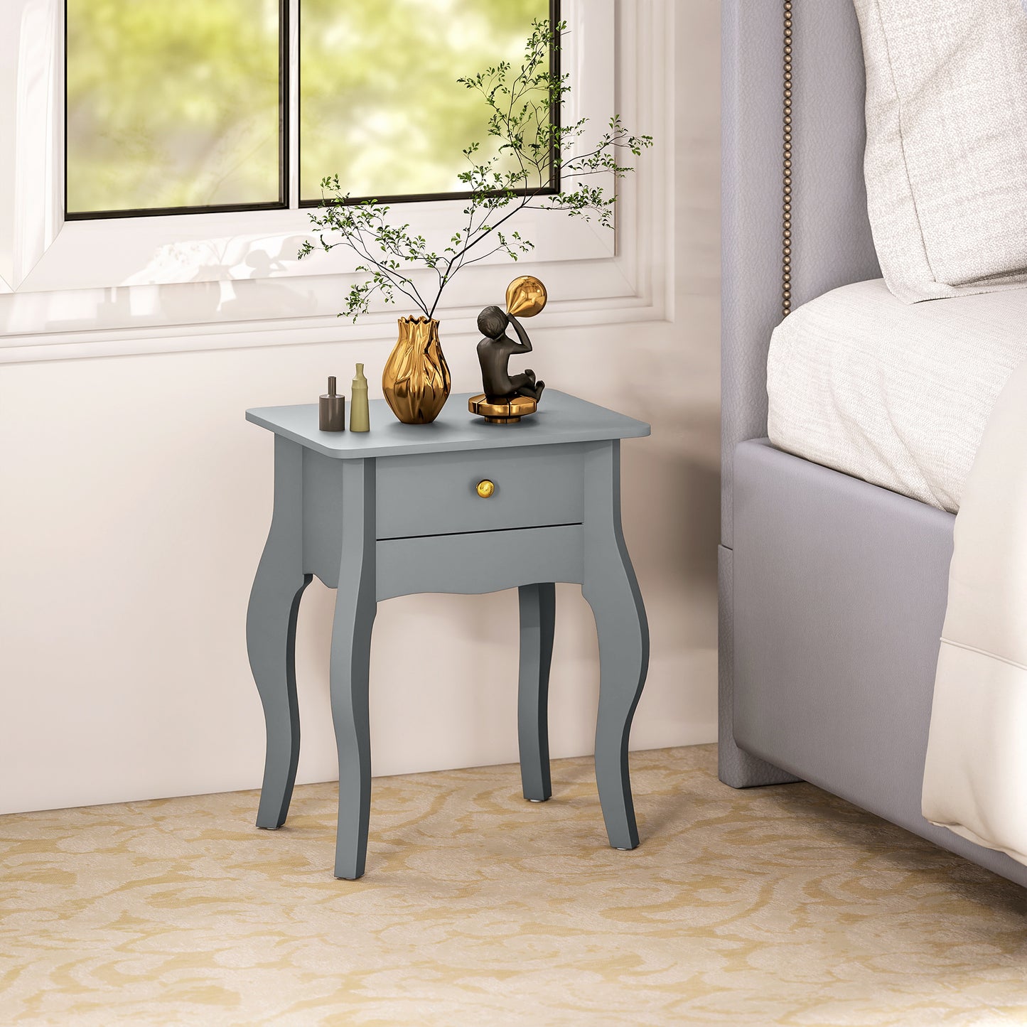 HOMCOM French Style Side Table With Drawer In Grey Curved Silhouette Gold Tone Handle MDF