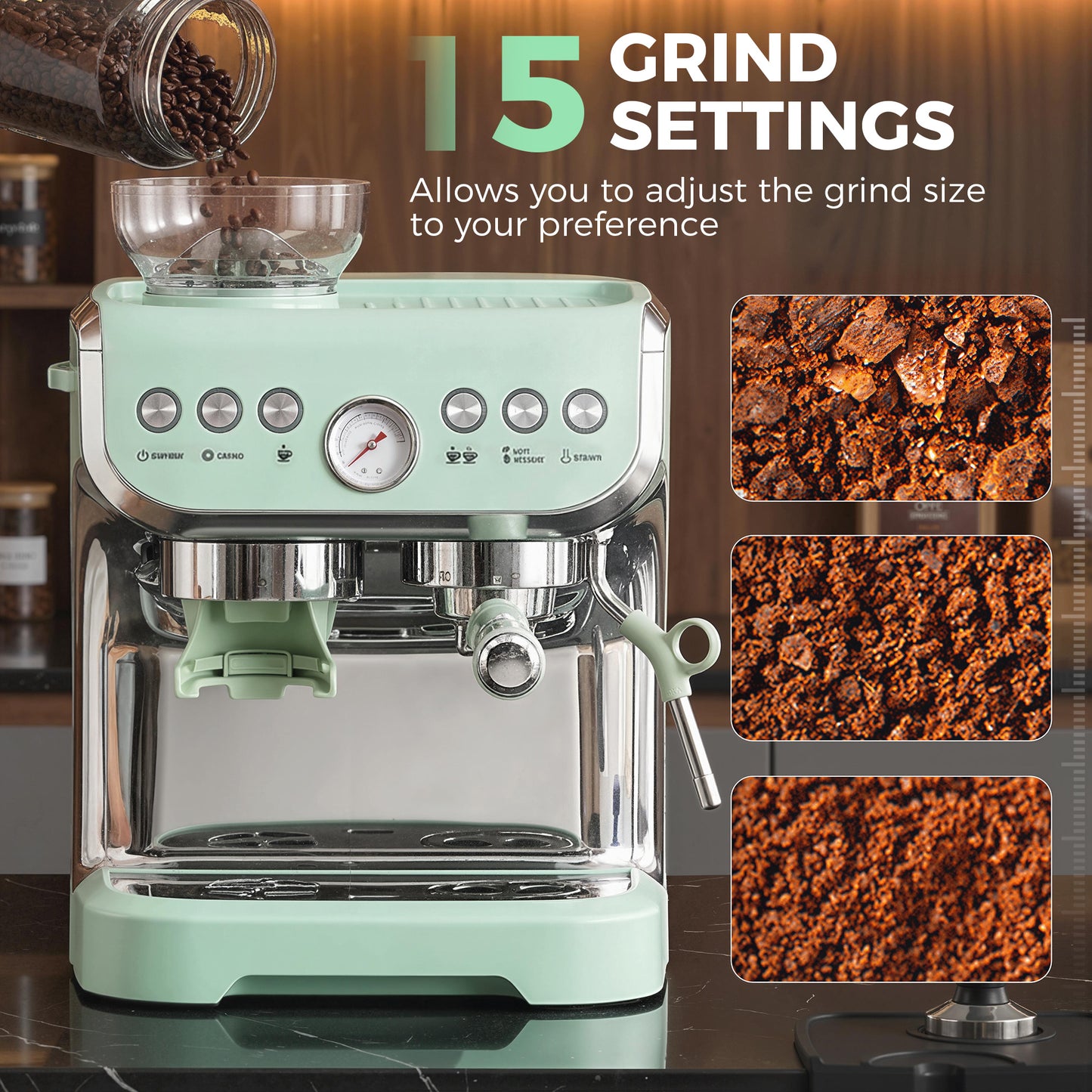 HOMCOM Bean To Cup Coffee Machine With Integrated Grinder And Steam Wand 15 Bar Pressure Light Green