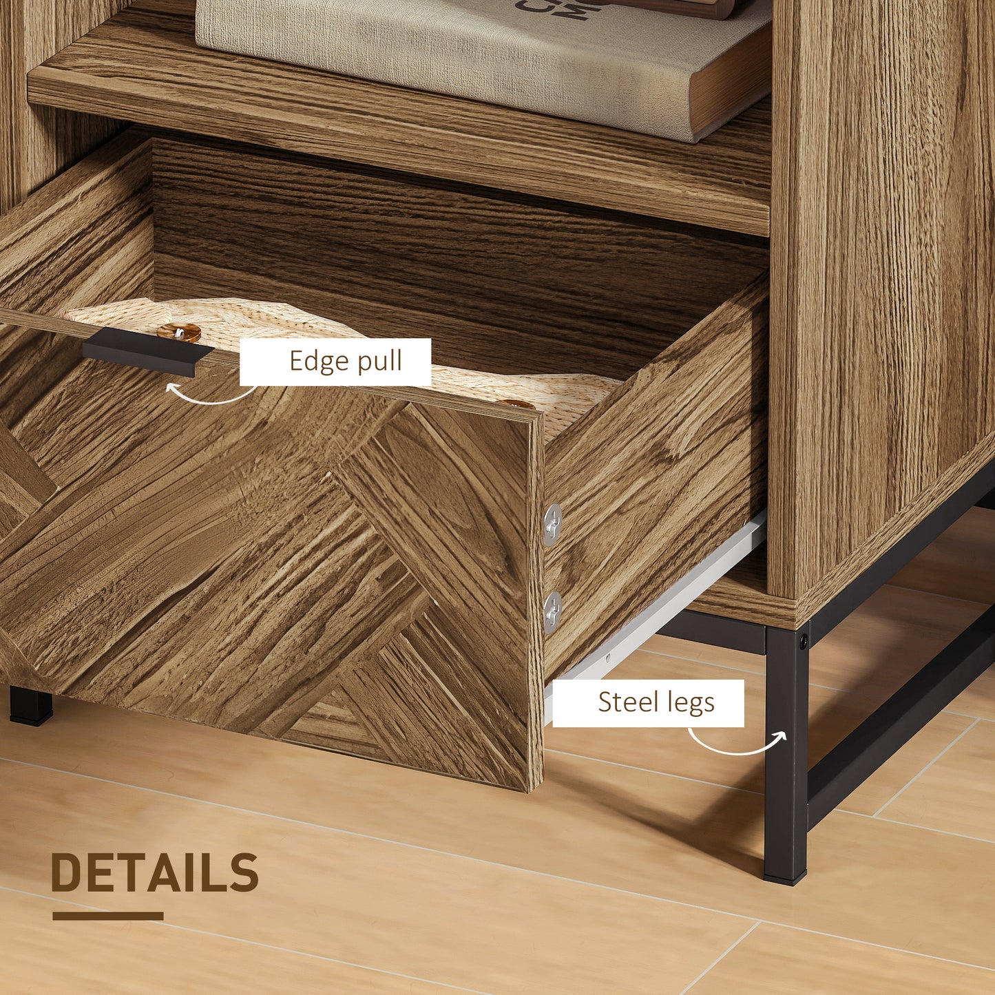 HOMCOM Bedside Table With Drawer And Open Shelf, Steel Leg End Table For Bedroom And Living Room, Brown Wood Effect