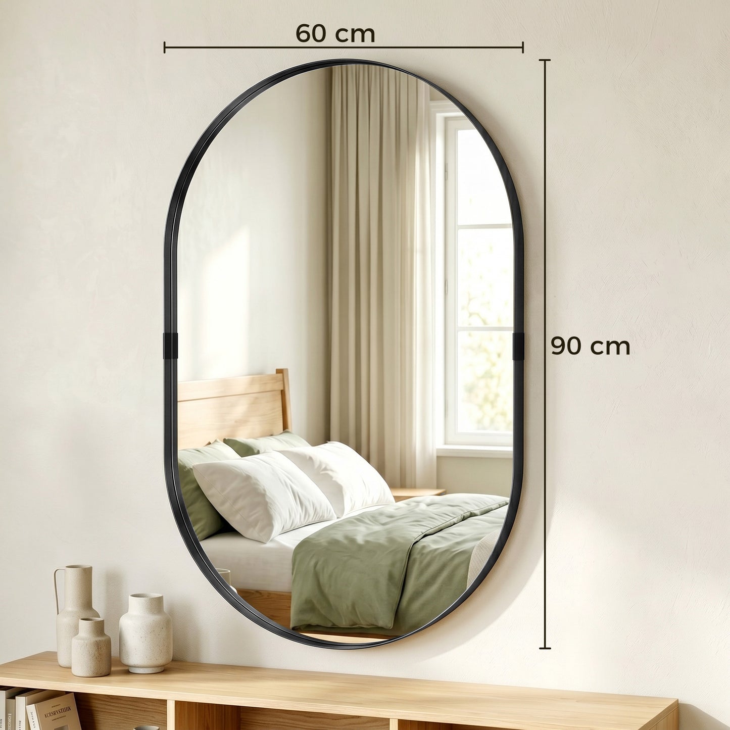 HOMCOM Wall Mirror Bathroom with Elevated Aluminium Frame 60 x 90 cm Black Runway Shape for Hallway or Lounge