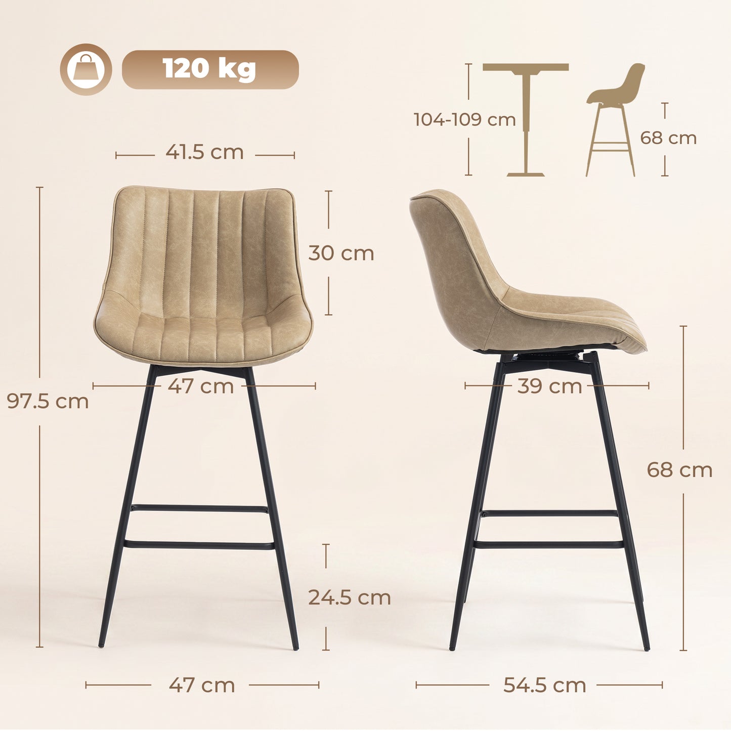 HOMCOM Set Of 2 PU Leather Swivel Bar Stools Light Brown 360 Degree Swivel For Kitchen Island