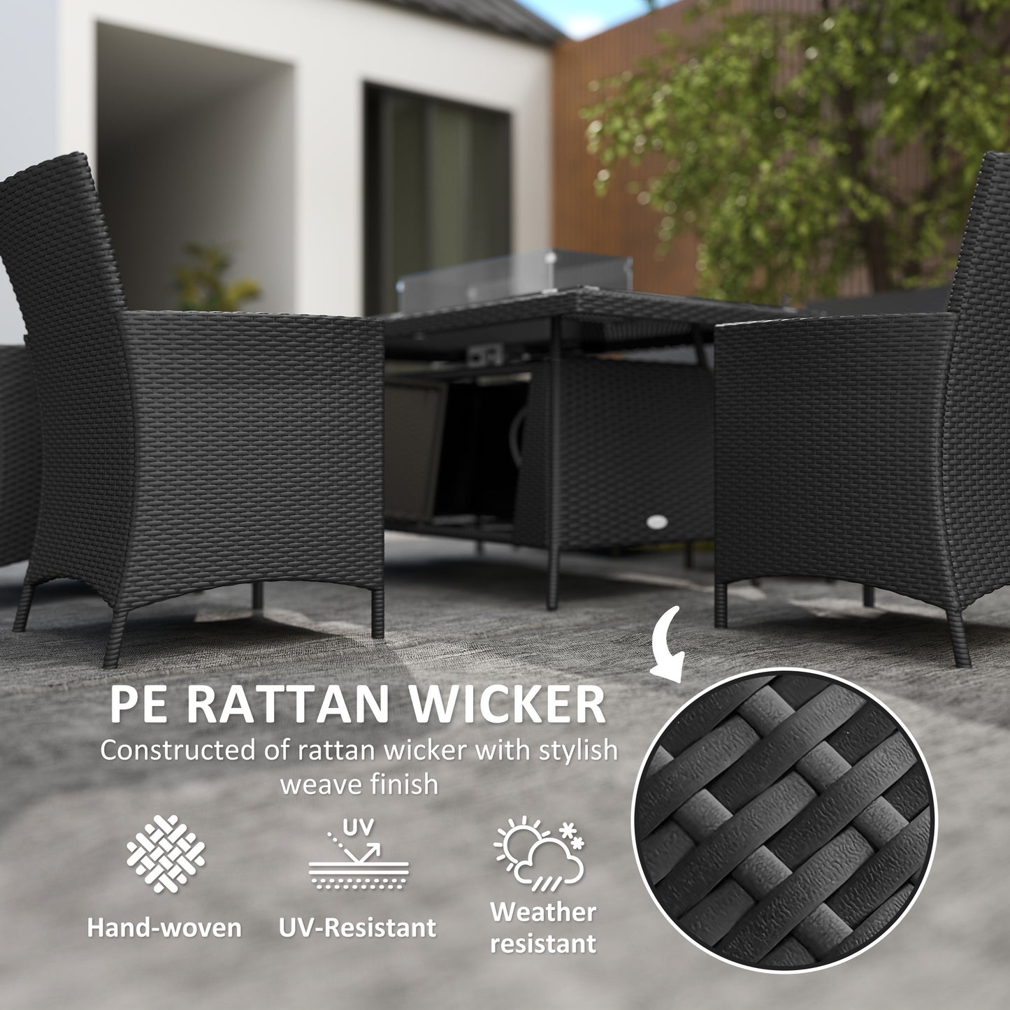 Outsunny 7 Piece Outdoor Rattan Garden Furniture Set With Fire Pit Table 6 Chairs 50000 BTU Propane Heater Black