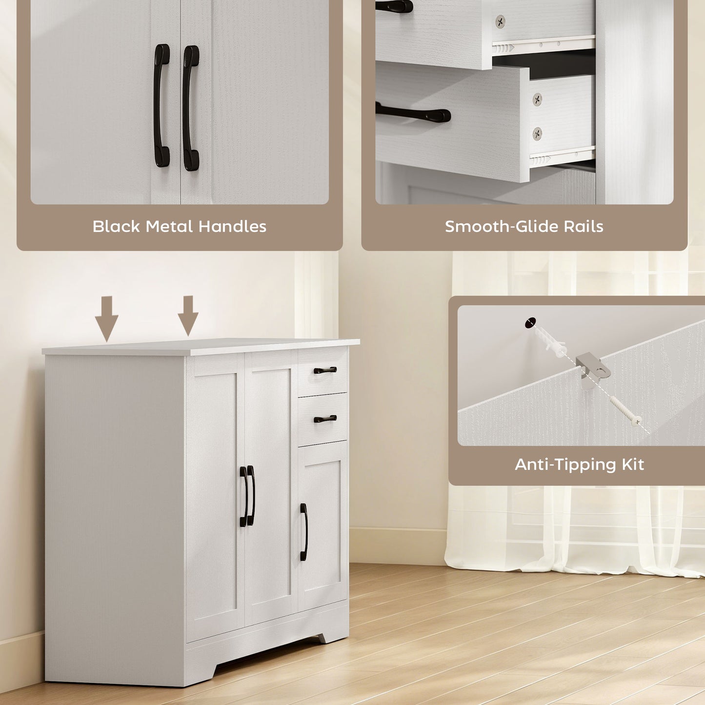 HOMCOM Sideboard With 2 Drawers And 3 Doors White Modern Storage Cabinet Kitchen Cupboard With Adjustable Shelf