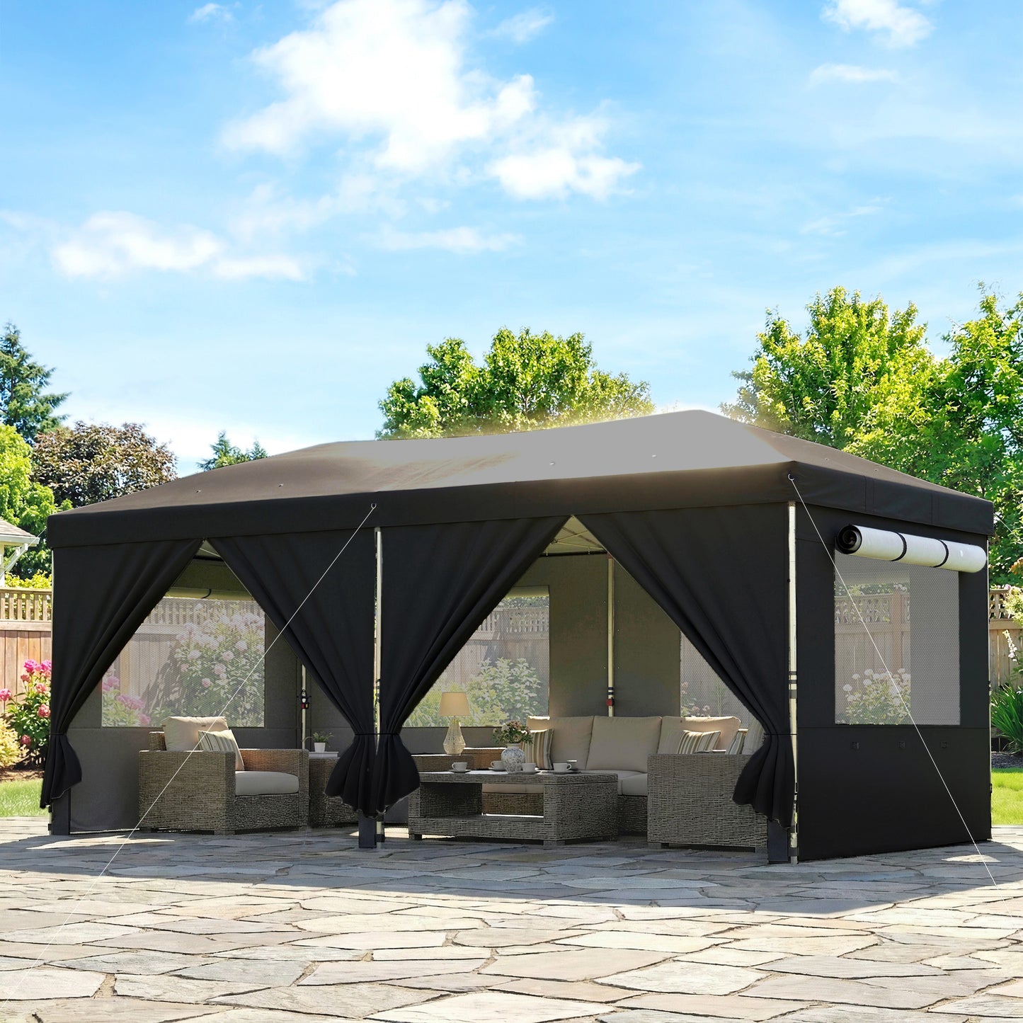 Outsunny 3x6m Pop Up Canopy Gazebo With UV50 Plus Protection Garden Shelter With 6 Removable Sidewalls Black